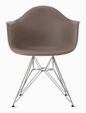 Front of cocoa plastic shell chair with wire base legs.