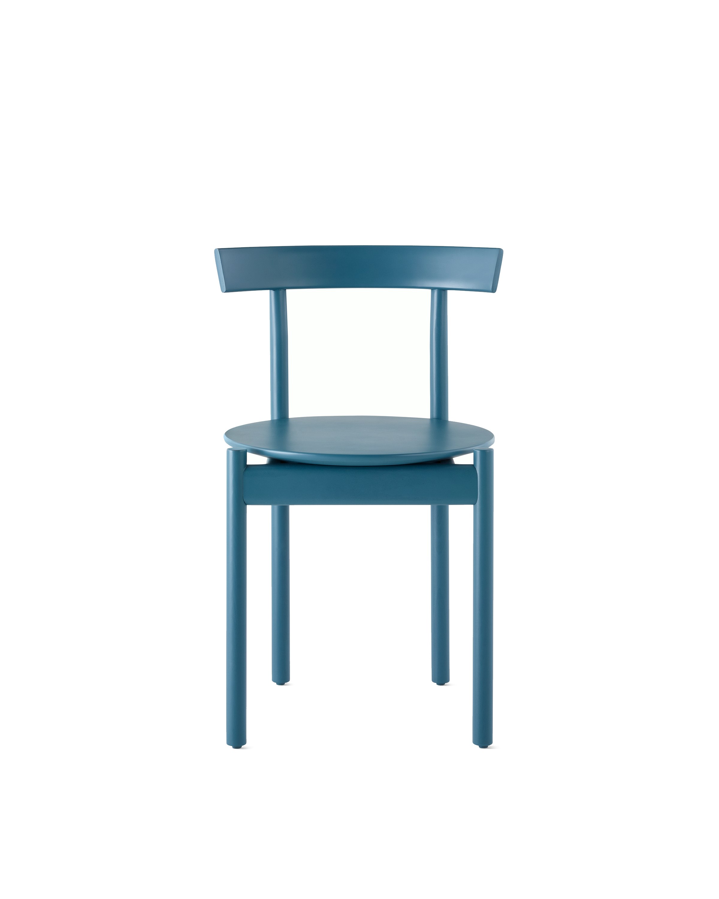 A blue Comma Chair, viewed from the front.