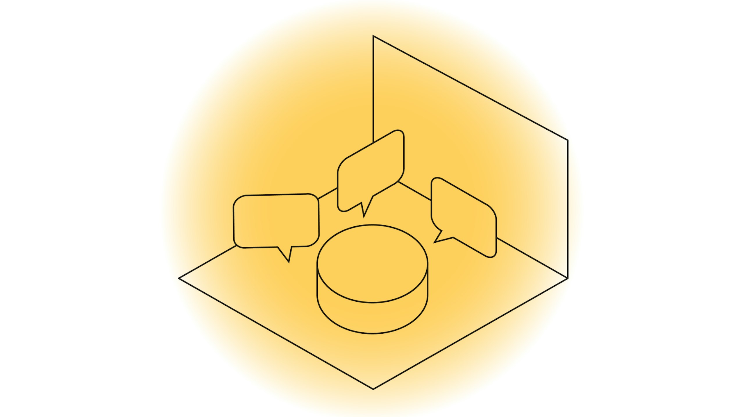 A yellow illustration with speech bubbles that represents facilitating chance encounters