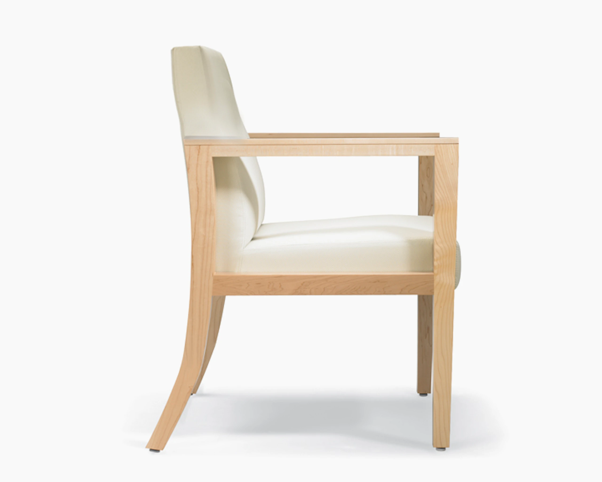 A side view of a Brava 863 Chair with maple frame and white textile.