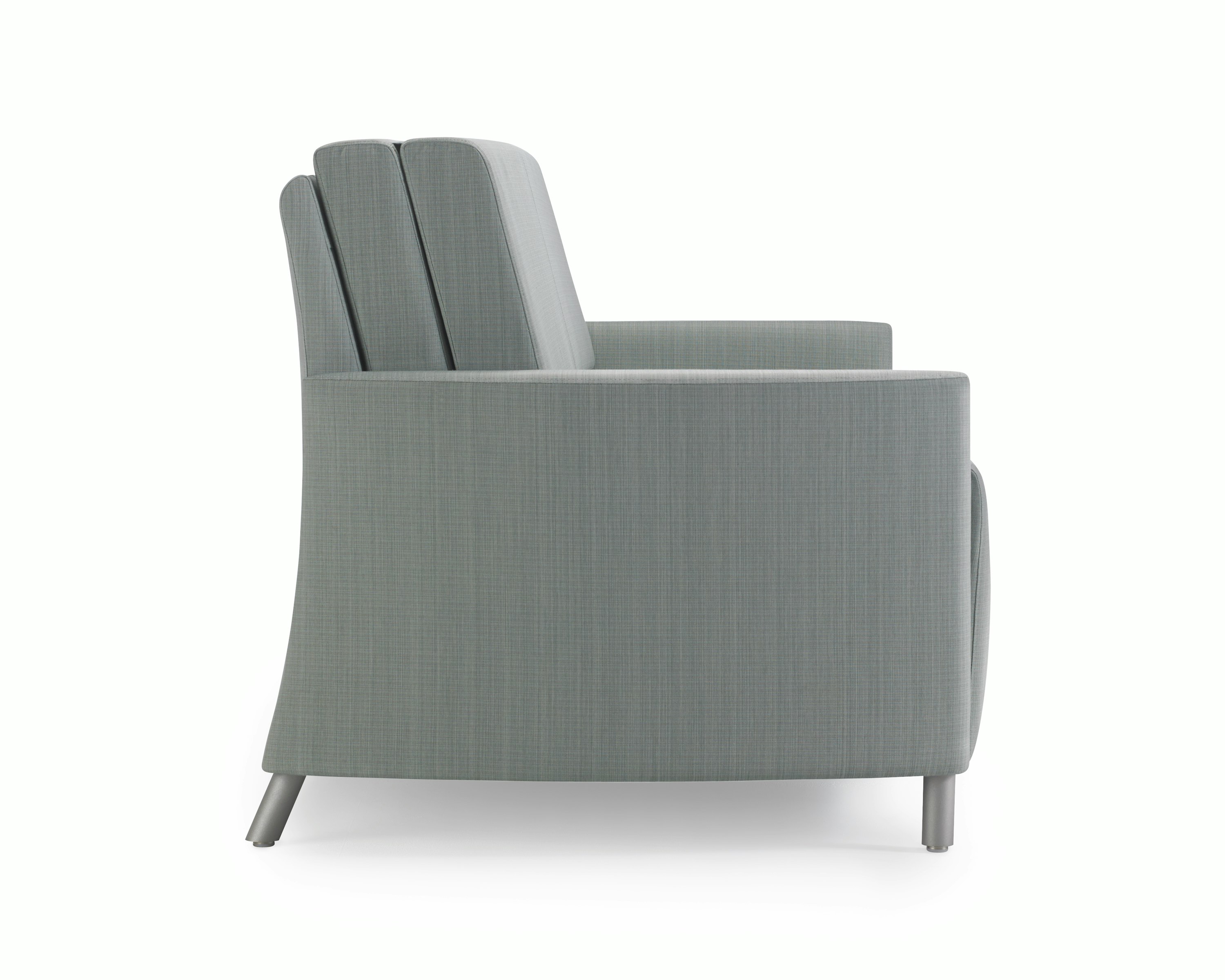 A side view of a Pamona Flop Sofa in gray textile with metal legs.