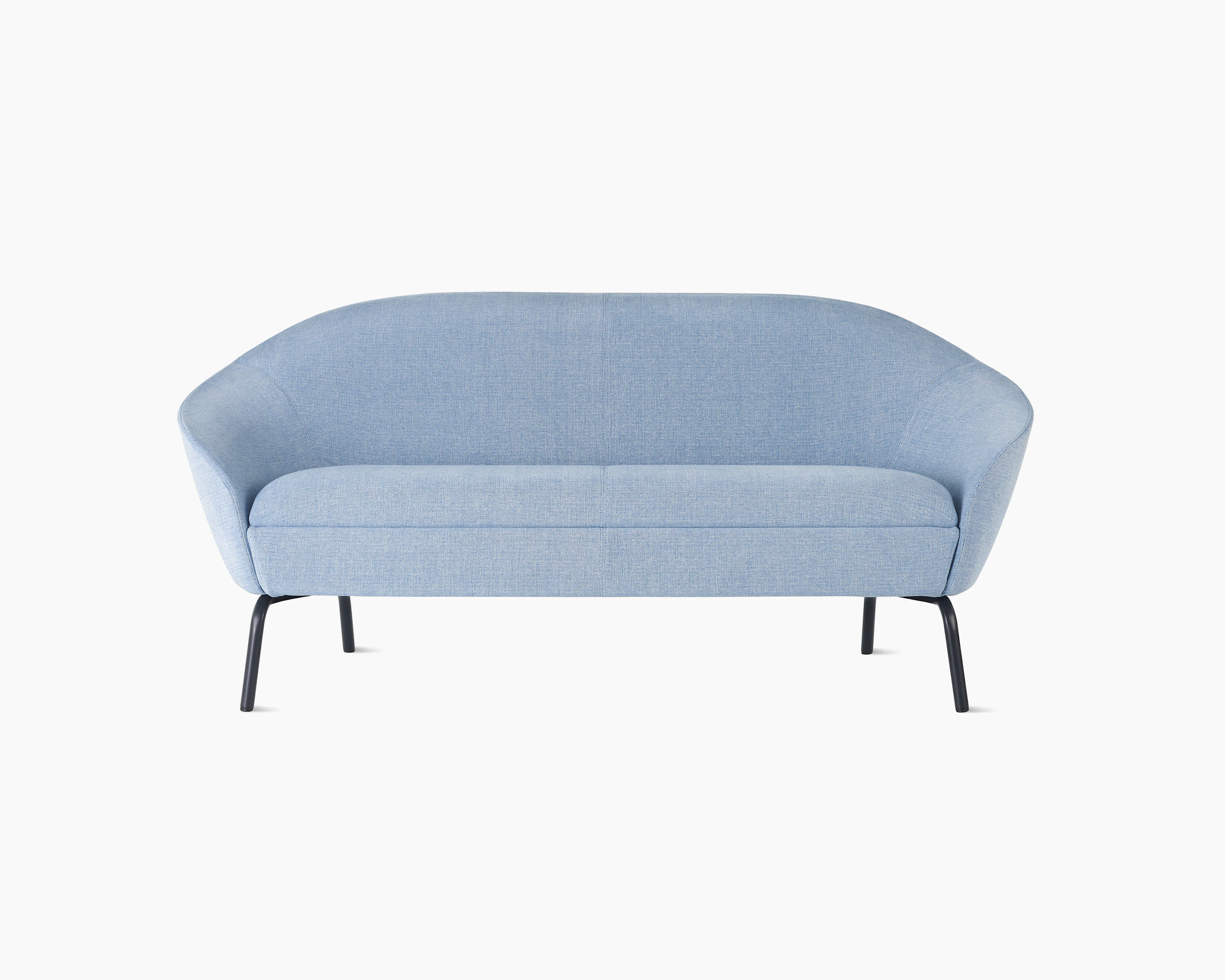 White sweep shot of pastel blue upholstered Ever 2 seat sofa on black steel legs.