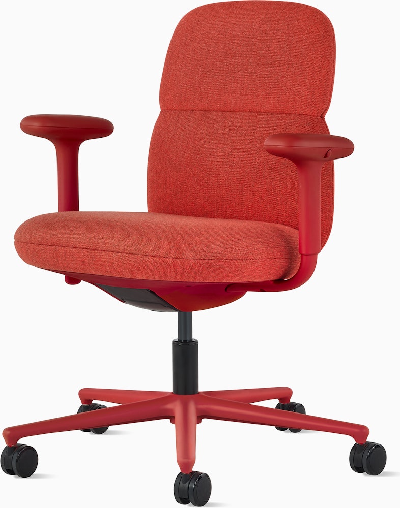 Front angle view of a mid-back Asari chair by Herman Miller in deep red  with height adjustable arms.