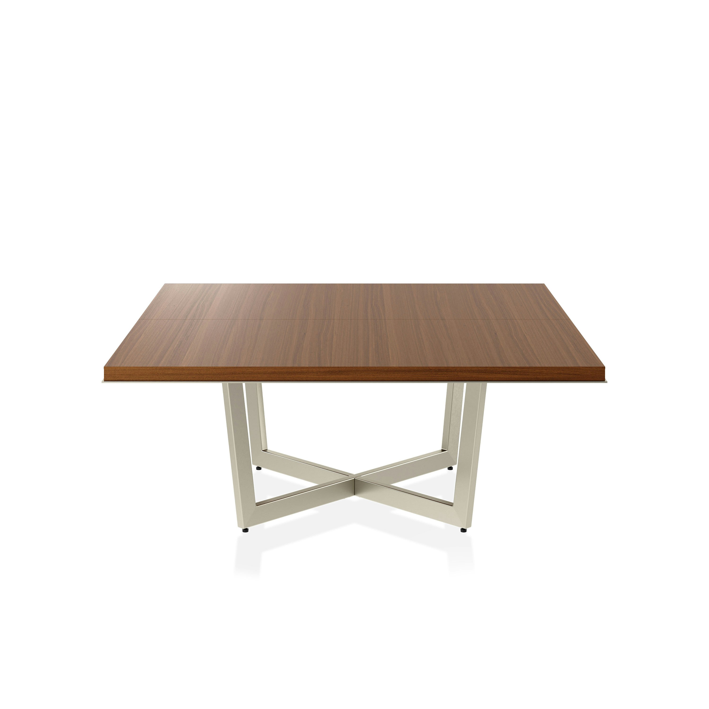 Highline Meeting Table in Natural Quarter Cut Walnut with a Satin Nickel base viewed from the front.