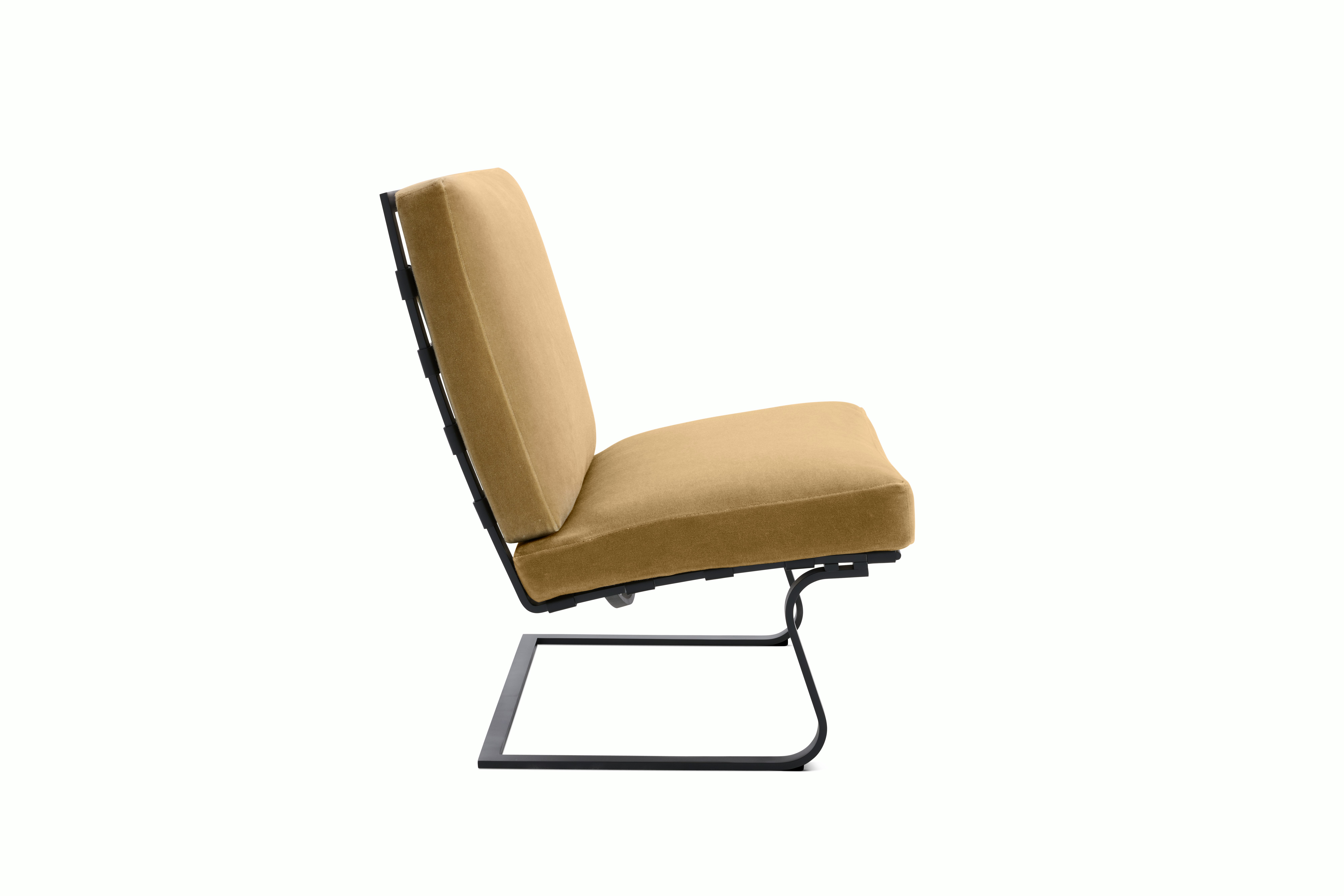 Tugendhat Chair in Knoll Velvet,  Palomino with belting in Belting Leather,  Tan and chrome frame