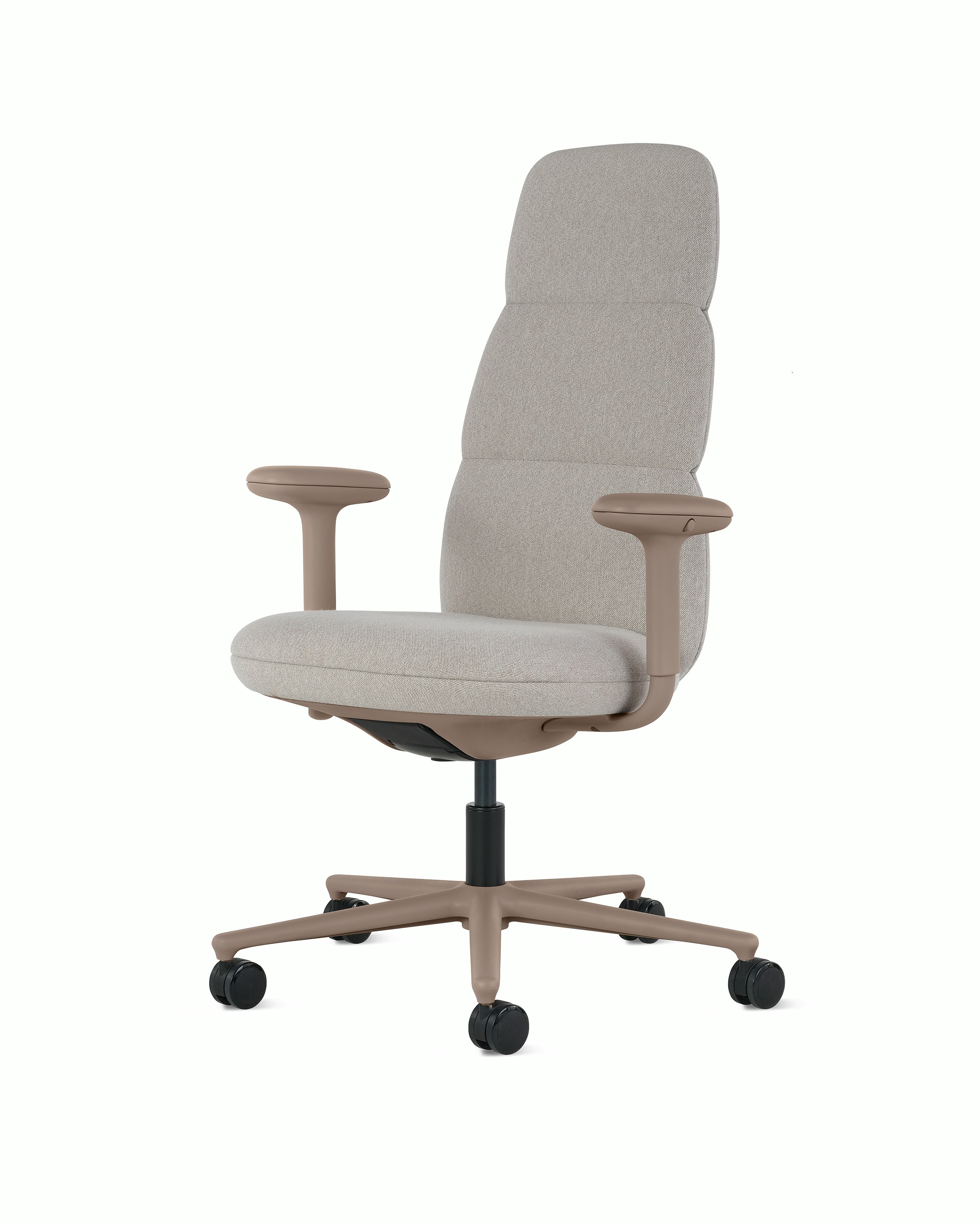 Front angle view of a high-back Asari chair by Herman Miller in light brown with height adjustable arms.