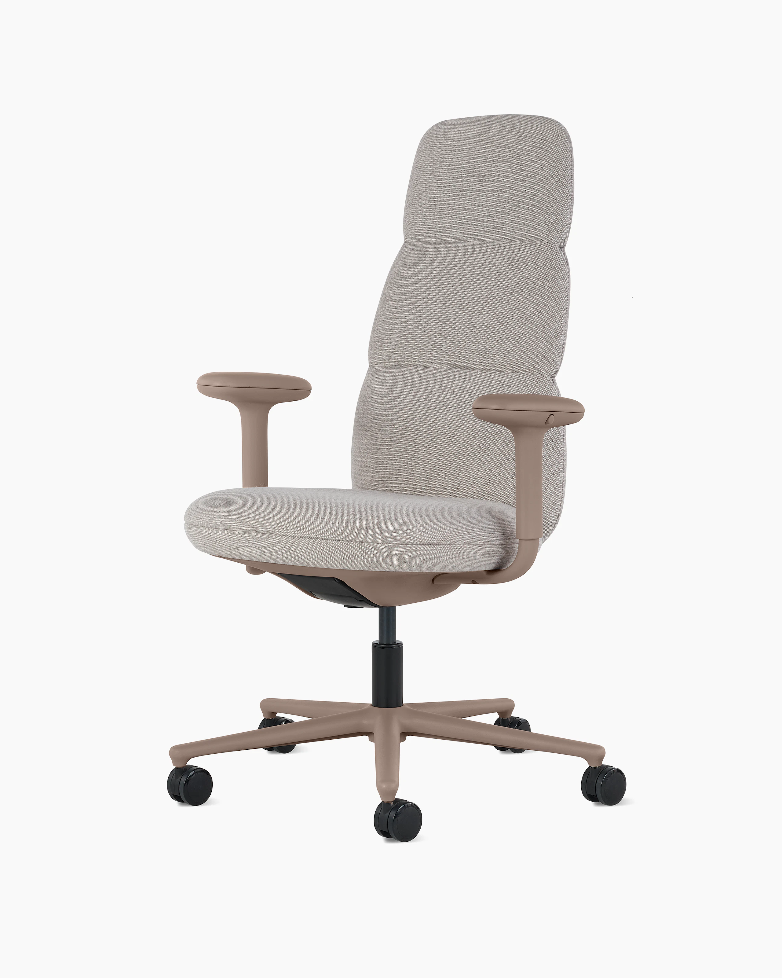 Front angle view of a high-back Asari chair by Herman Miller in light brown with height adjustable arms.