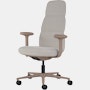Front angle view of a high-back Asari chair by Herman Miller in light brown with height adjustable arms.