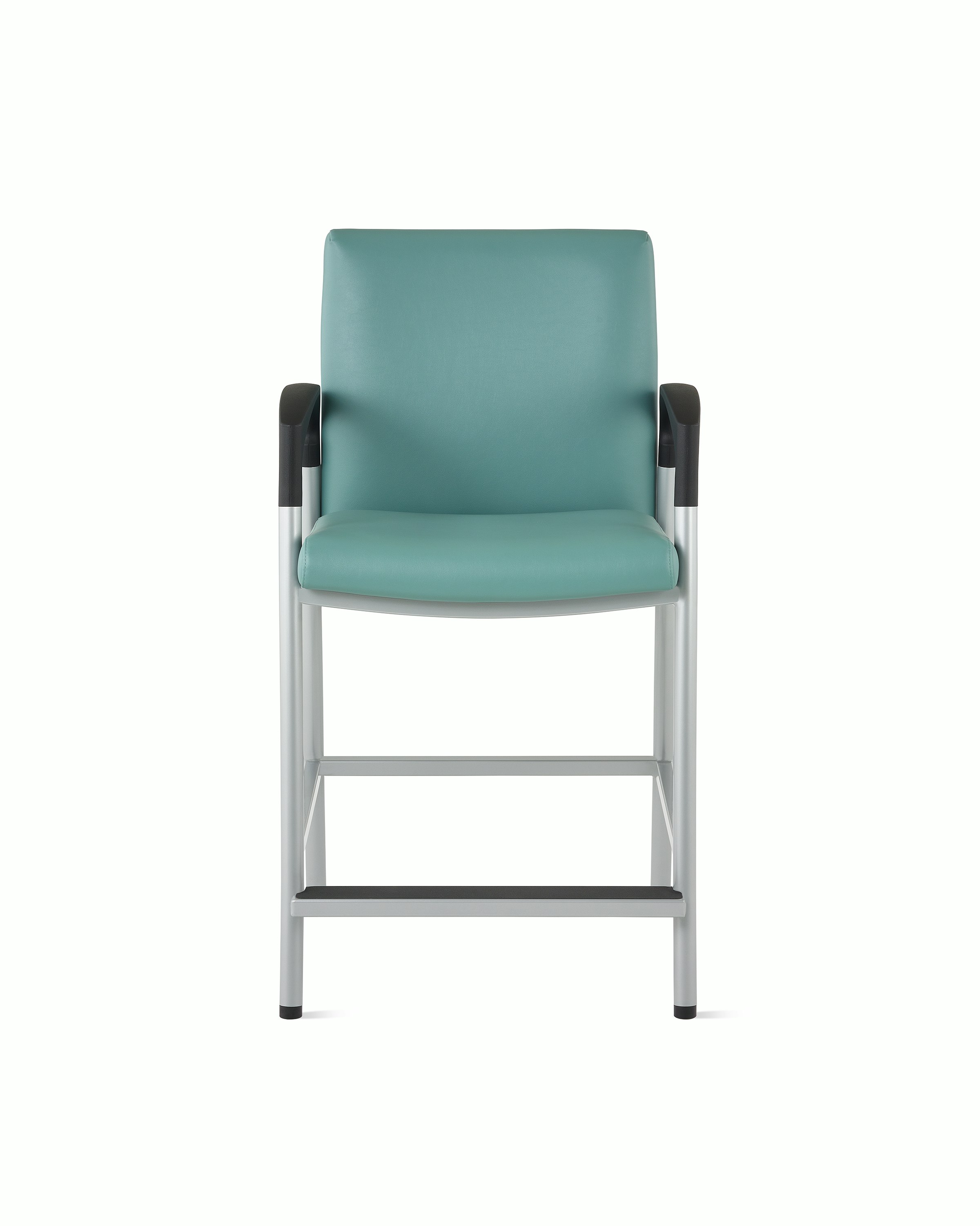 Front view of a Valor Easy Access chair in a blue-green upholstery with a silver frame and black armcaps on white sweep.
