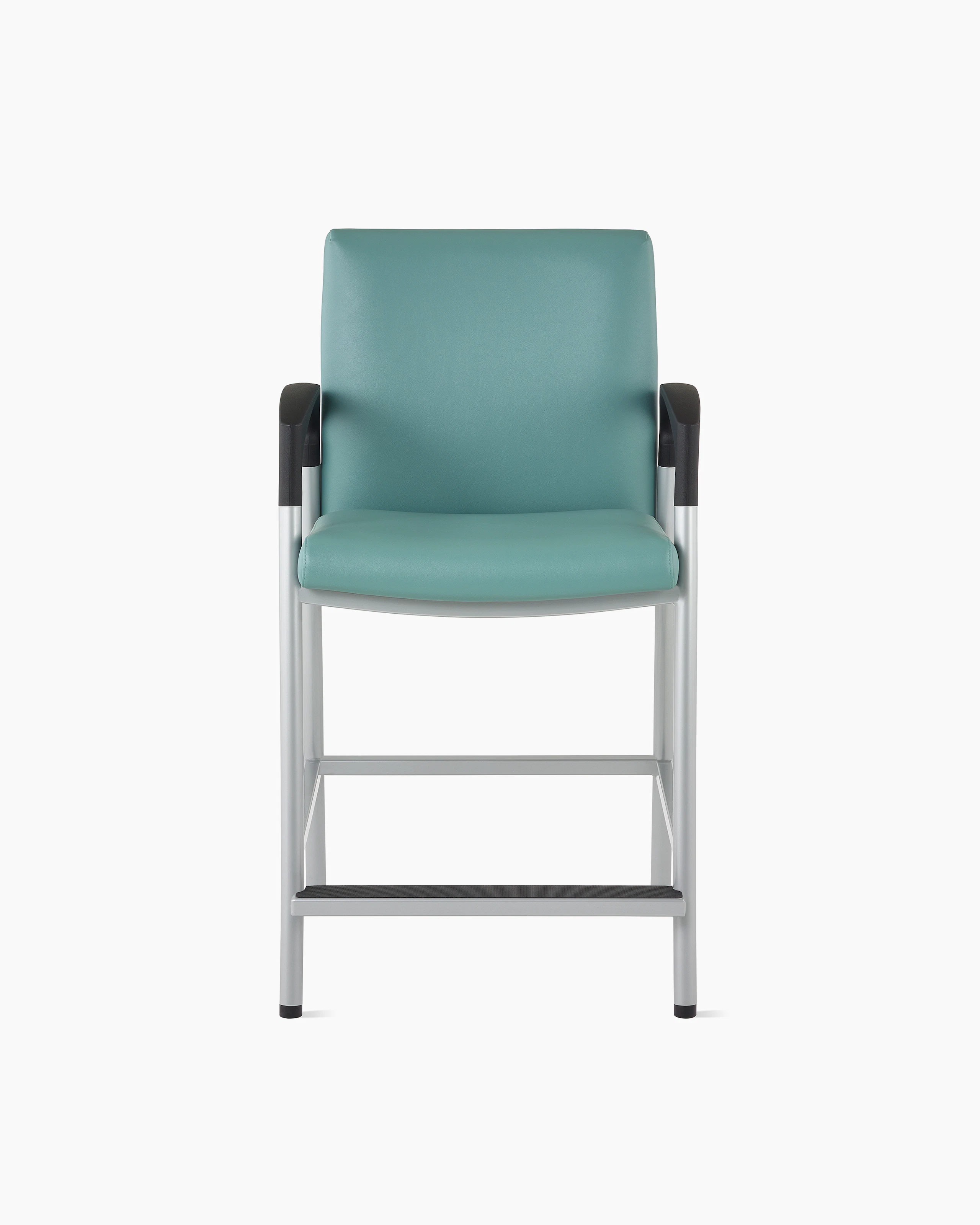 Front view of a Valor Easy Access chair in a blue-green upholstery with a silver frame and black armcaps on white sweep.