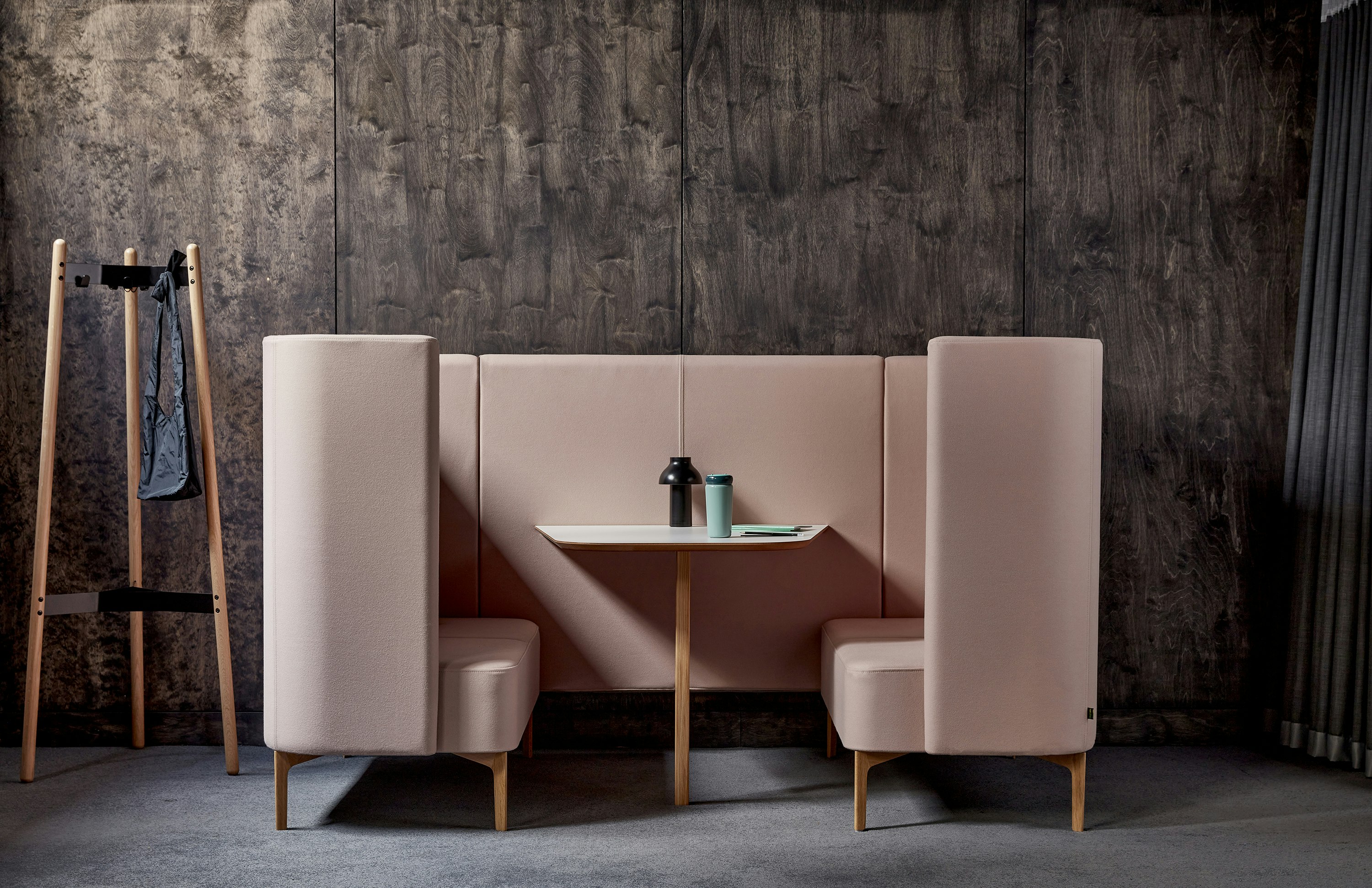 Pink 2 seat Pullman Booth with oak legs and white MFMDF table top, with Hudson coatstand.