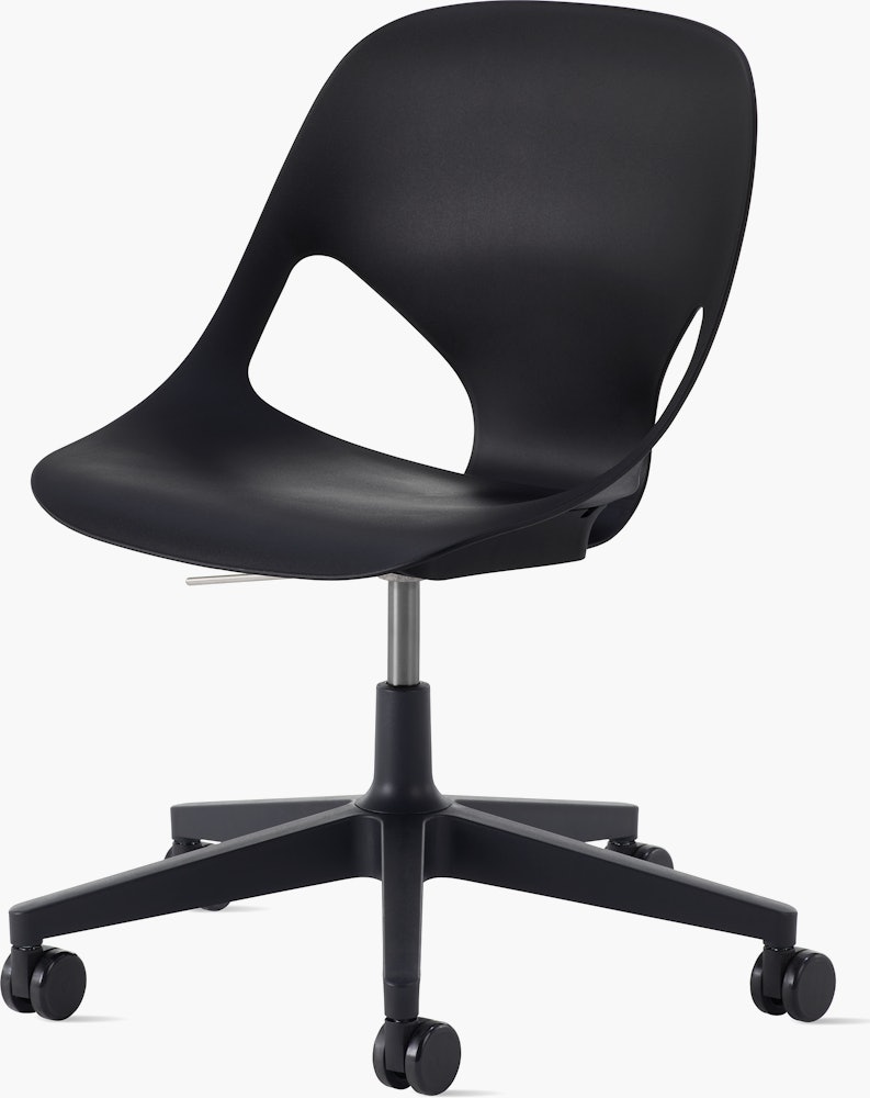 Front angle view of a black armless Zeph chair.