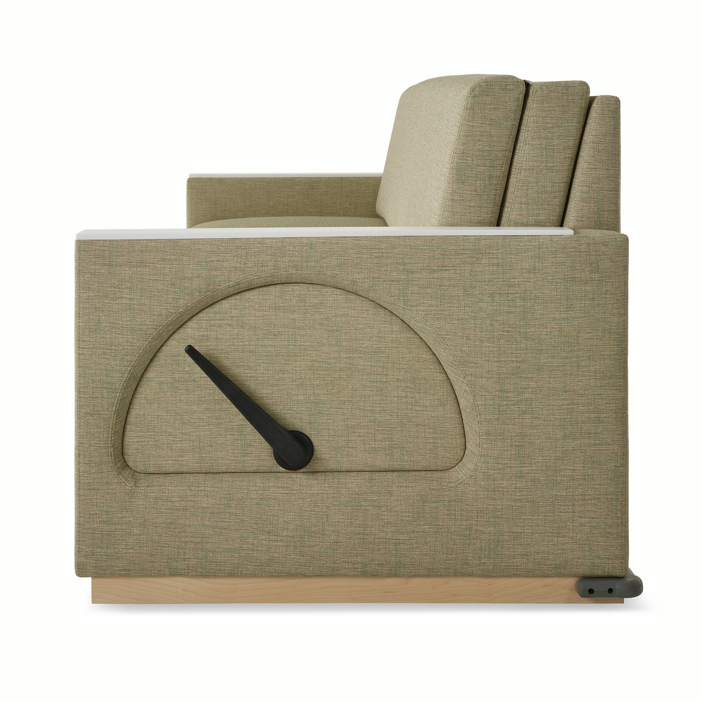 Side view of a Nemschoff Merge 2 Flop Sofa in a beige upholstery with a white center table and a natural maple base.