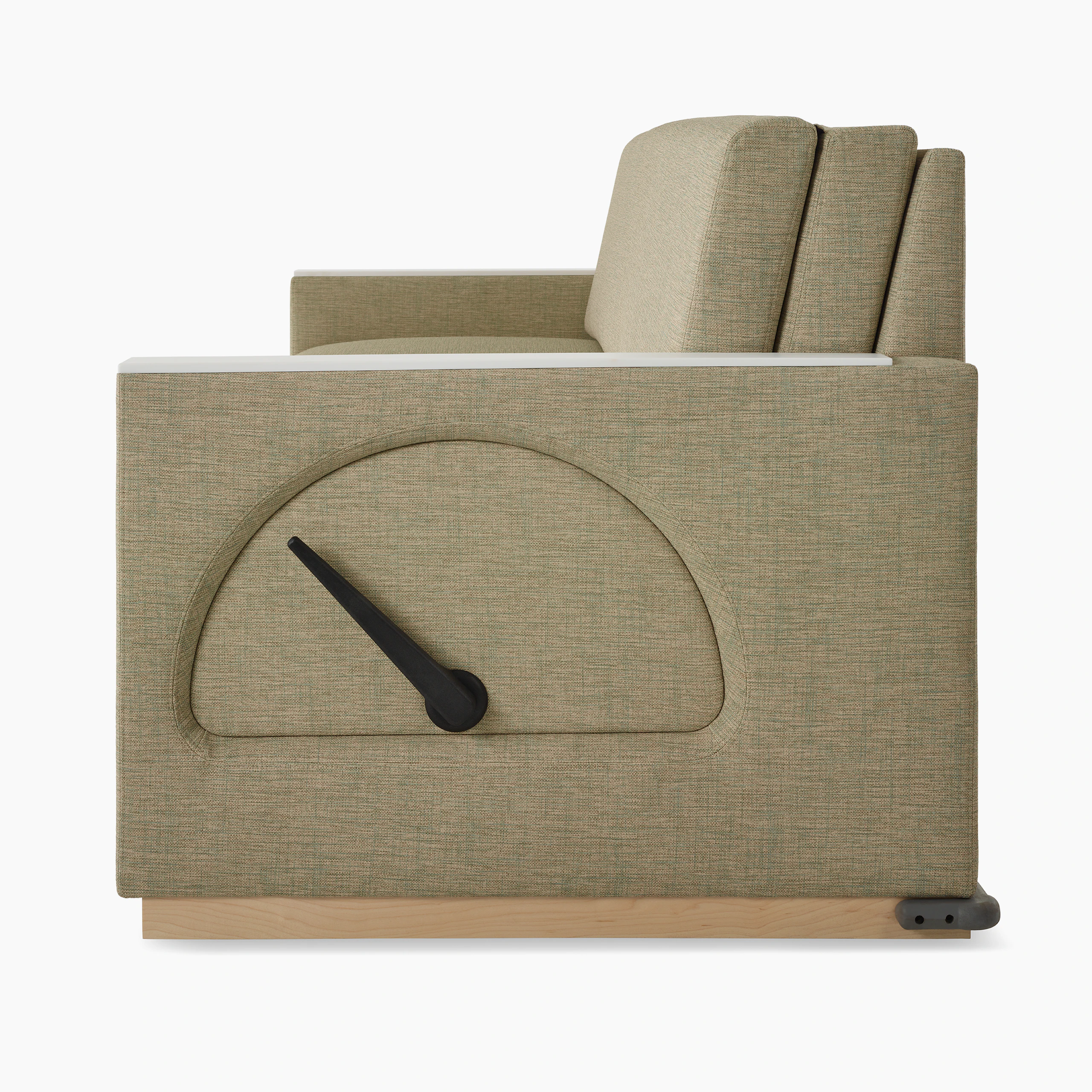 Side view of a Nemschoff Merge 2 Flop Sofa in a beige upholstery with a white center table and a natural maple base.