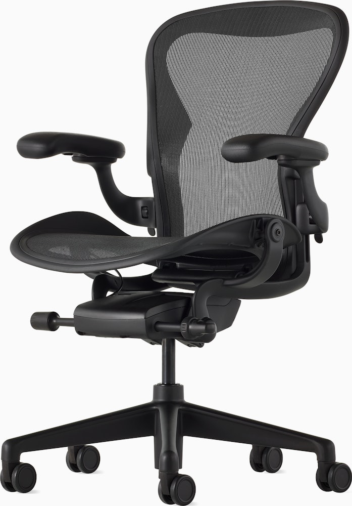 Black Matte Aeron Chair on a white background with a 5-star base, angled view from the front.