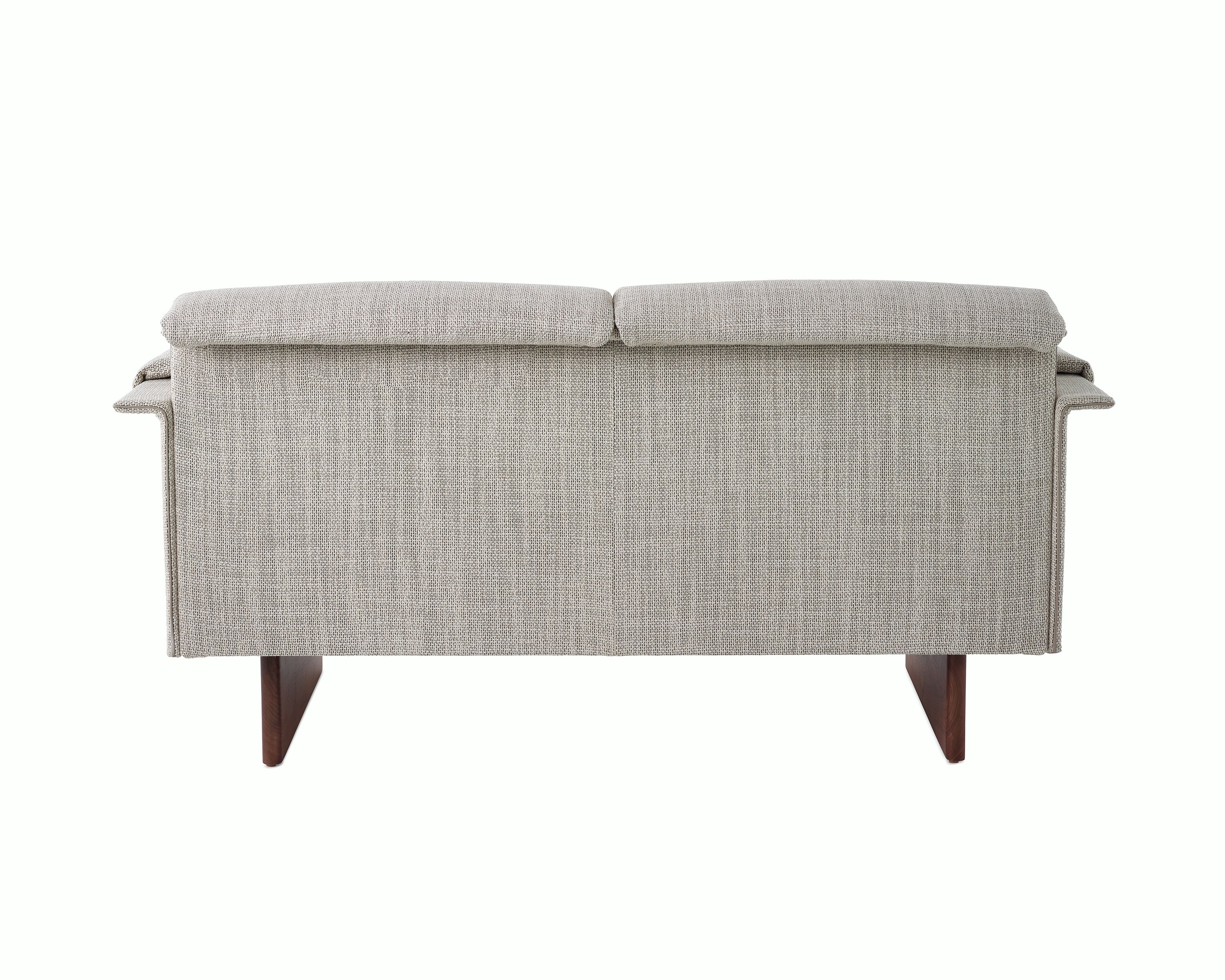 Mantle Two Seater Sofa in Capri Stone with Walnut Wood Base, viewed from the back.
