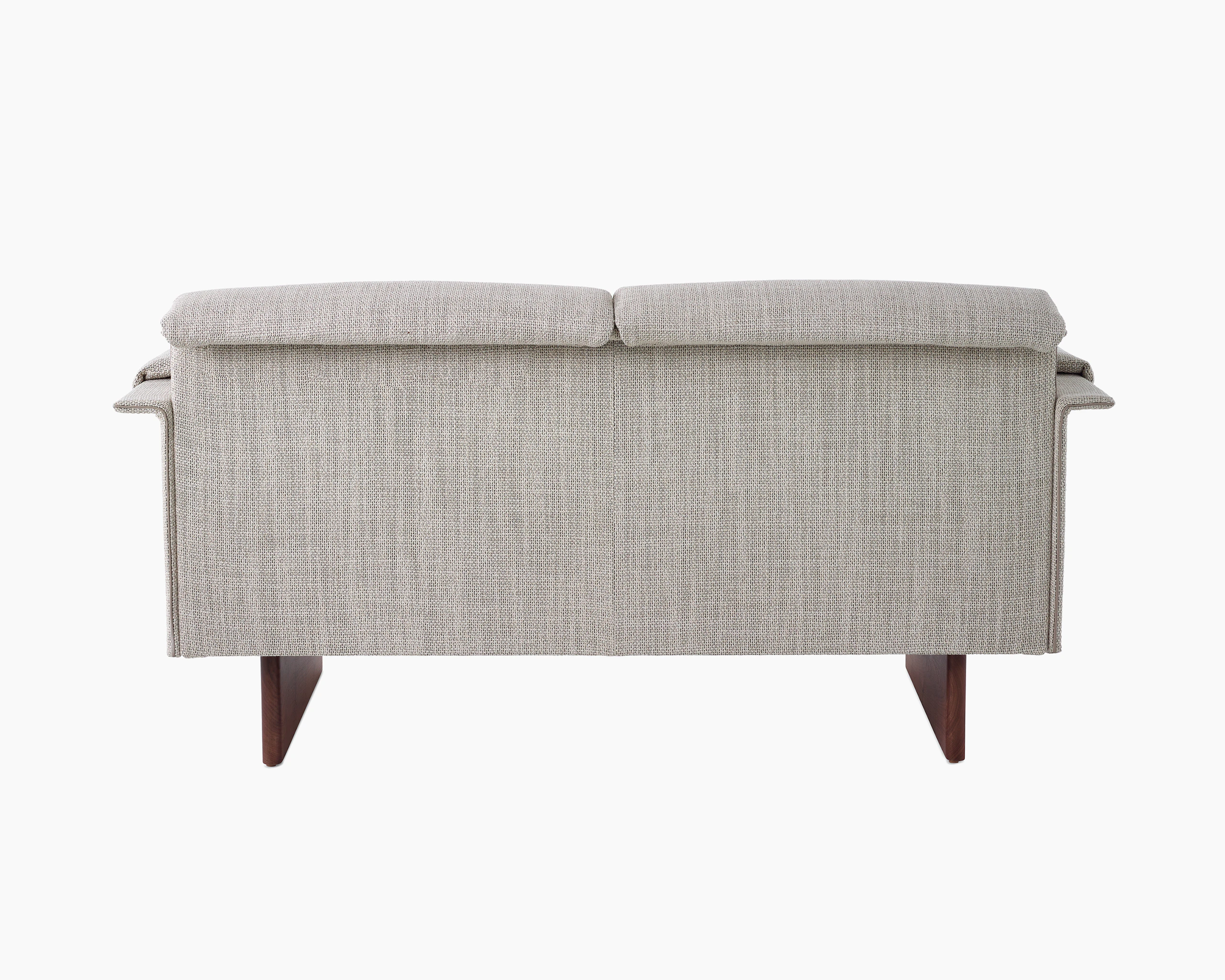 Mantle Two Seater Sofa in Capri Stone with Walnut Wood Base, viewed from the back.
