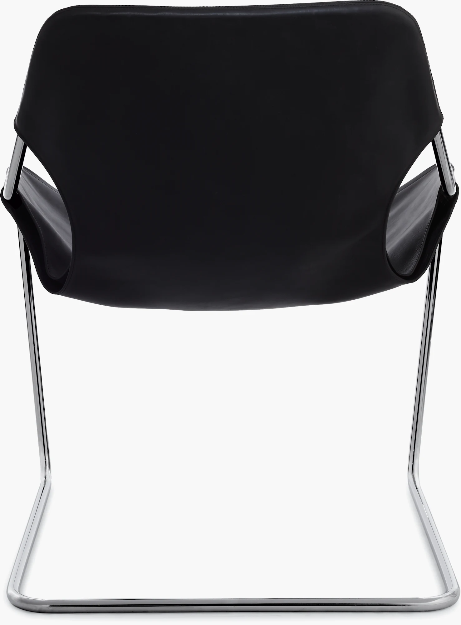 Paulistano armchair front view of matte black shell and chrome base