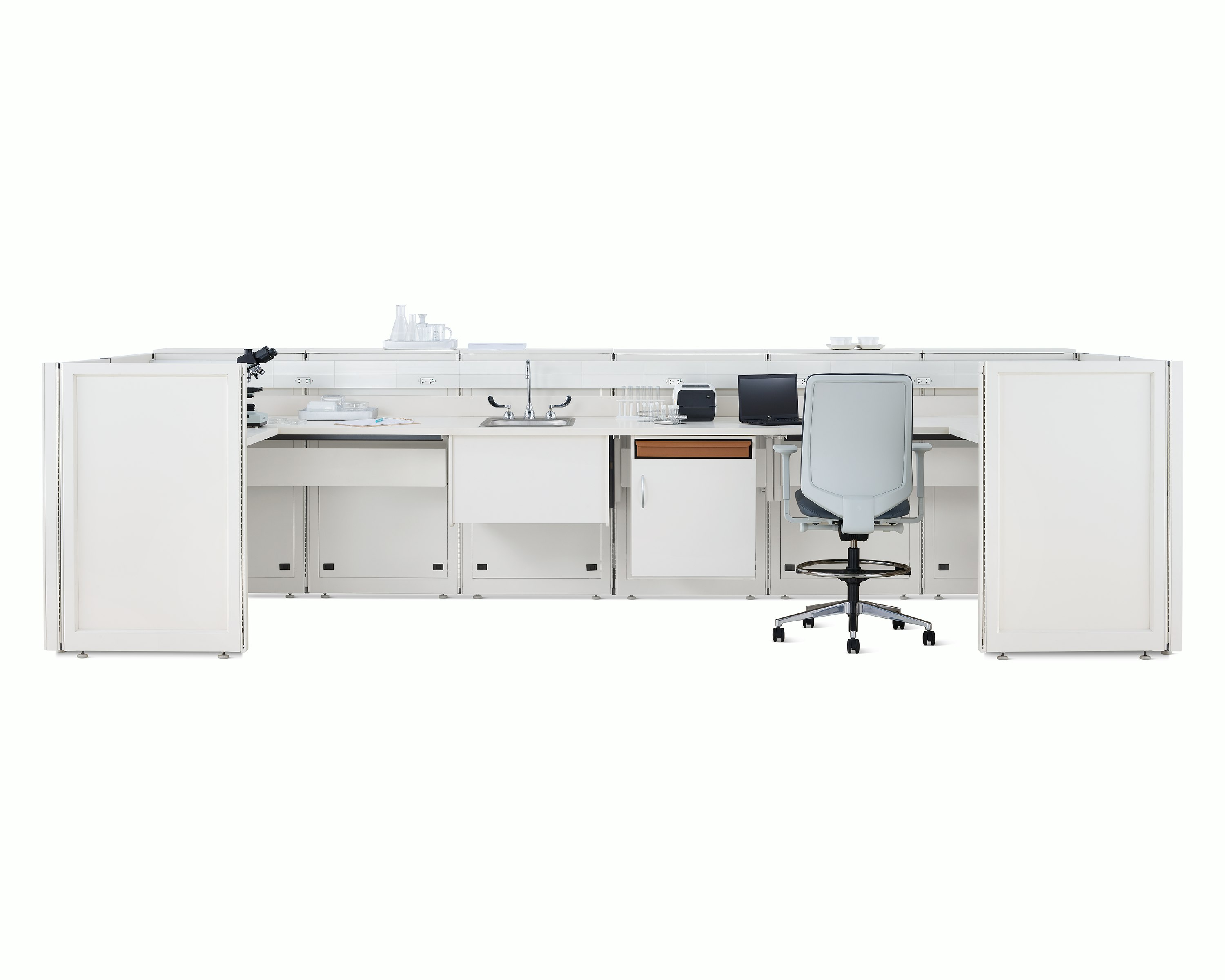 Co/Struc System laboratory bench in soft white with under surface storage, sink, and Verus Stool in light gray.