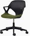 Front angle view of a black Zeph chair with fixed arms and an olive  seat pad.