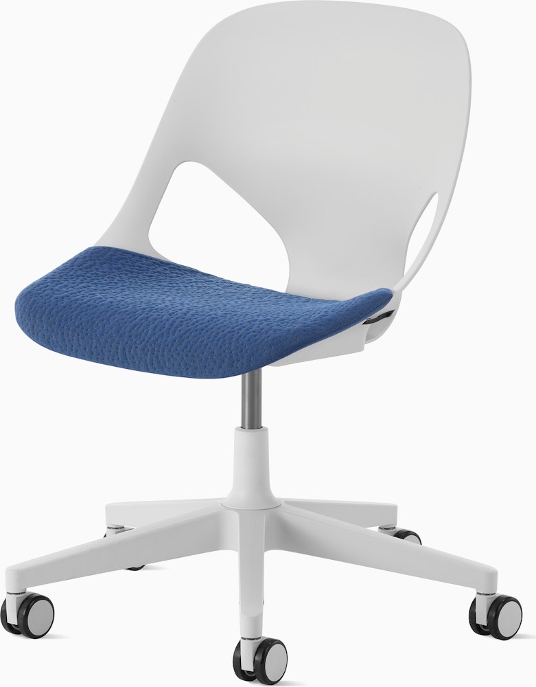 White task chair with blue seat pad