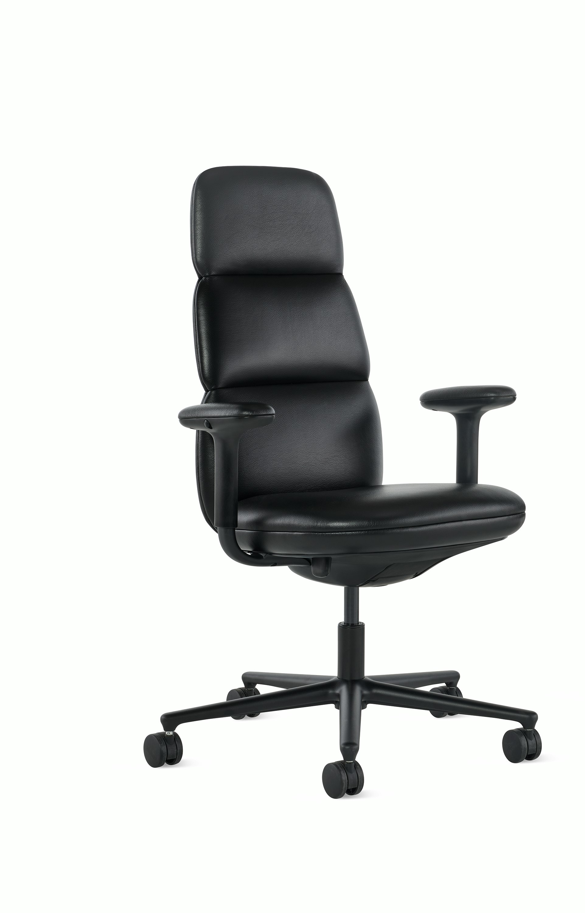 Front angle view of a high-back Asari chair by Herman Miller in black leather with height adjustable arms.