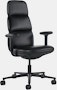 Front angle view of a high-back Asari chair by Herman Miller in black leather with height adjustable arms.