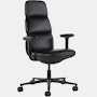 Front angle view of a high-back Asari chair by Herman Miller in black leather with height adjustable arms.