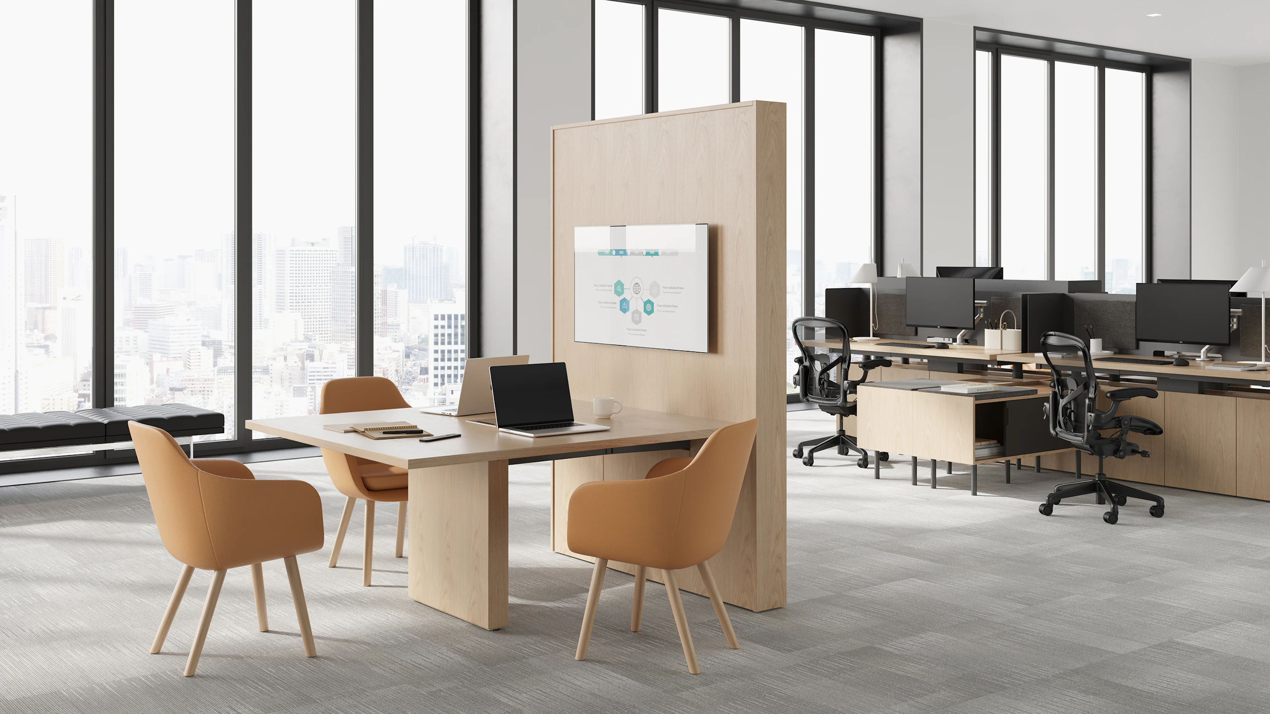 JD Media Table in Natural Oak with Saiba Side Chairs and Geiger One Open Plan Workstation in Background.