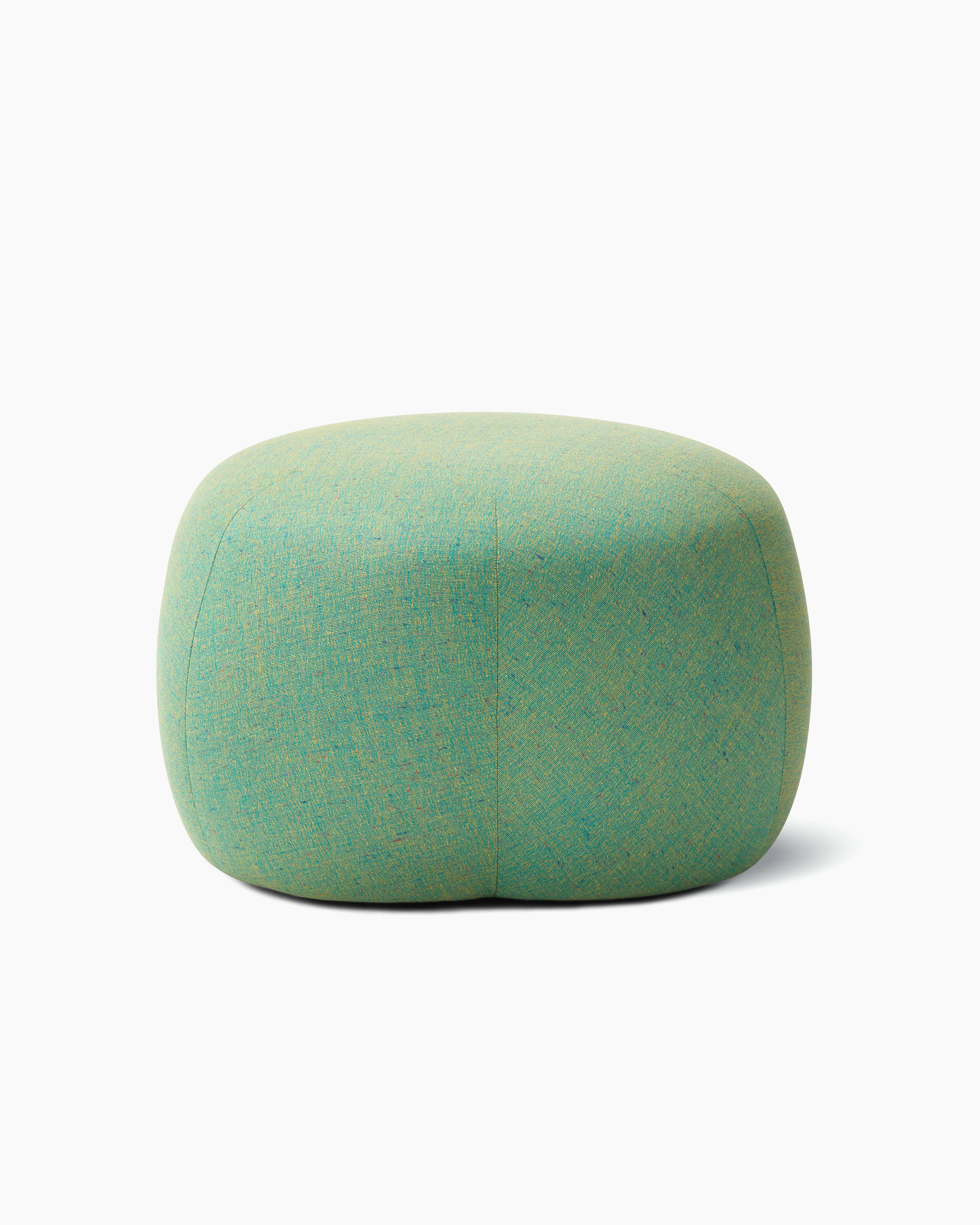 White background shot of a Truffle Pouf, Size A, fully upholstered in green fabric.