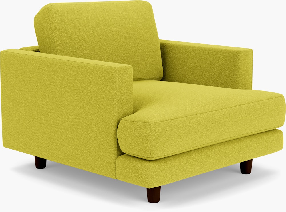 D'Urso Lounge Chair - Knoll Boucle, Chartreuse, Burnt Walnut on Oak