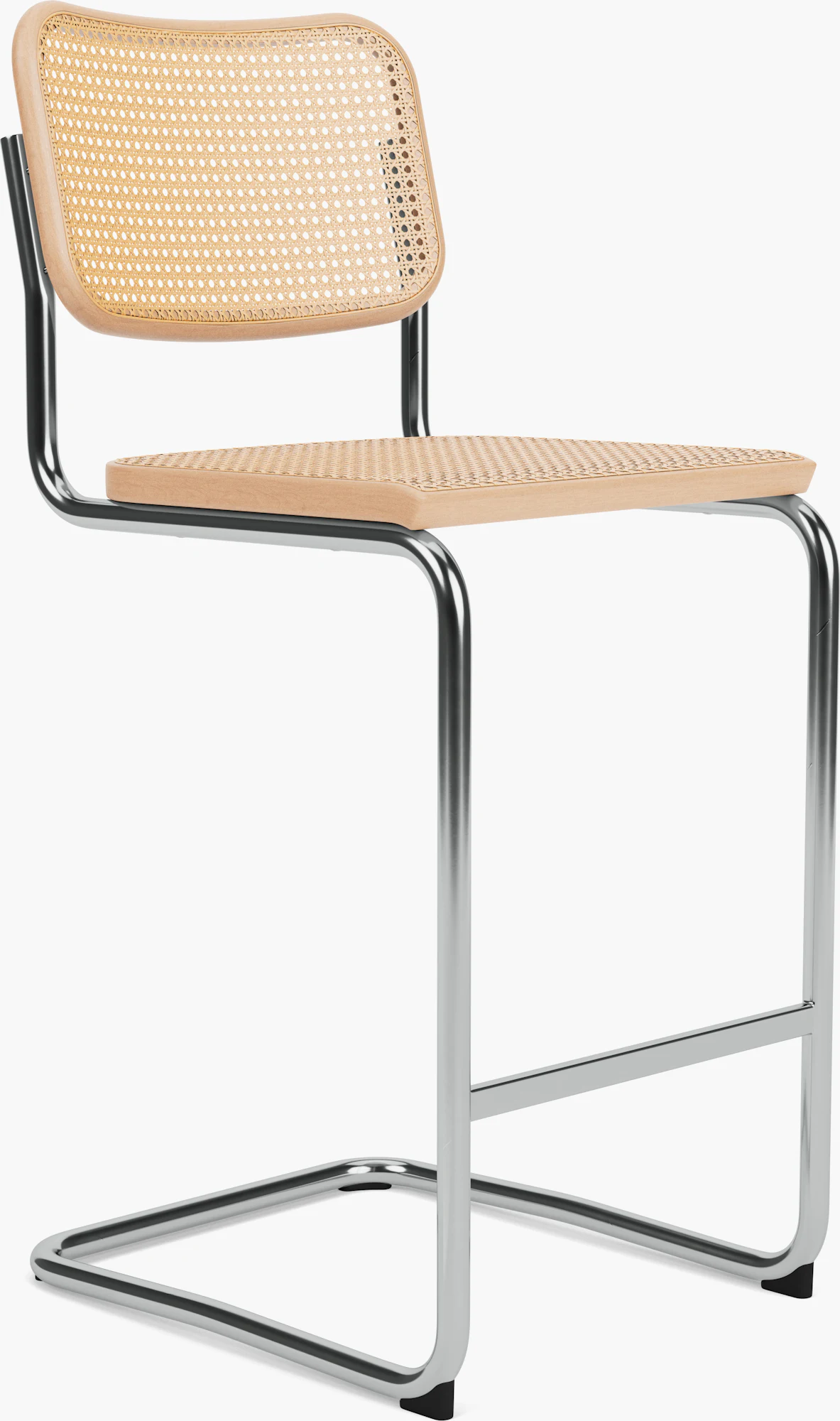 Close-up of Cesca bar stool seat and back with woven cane and chrome legs.