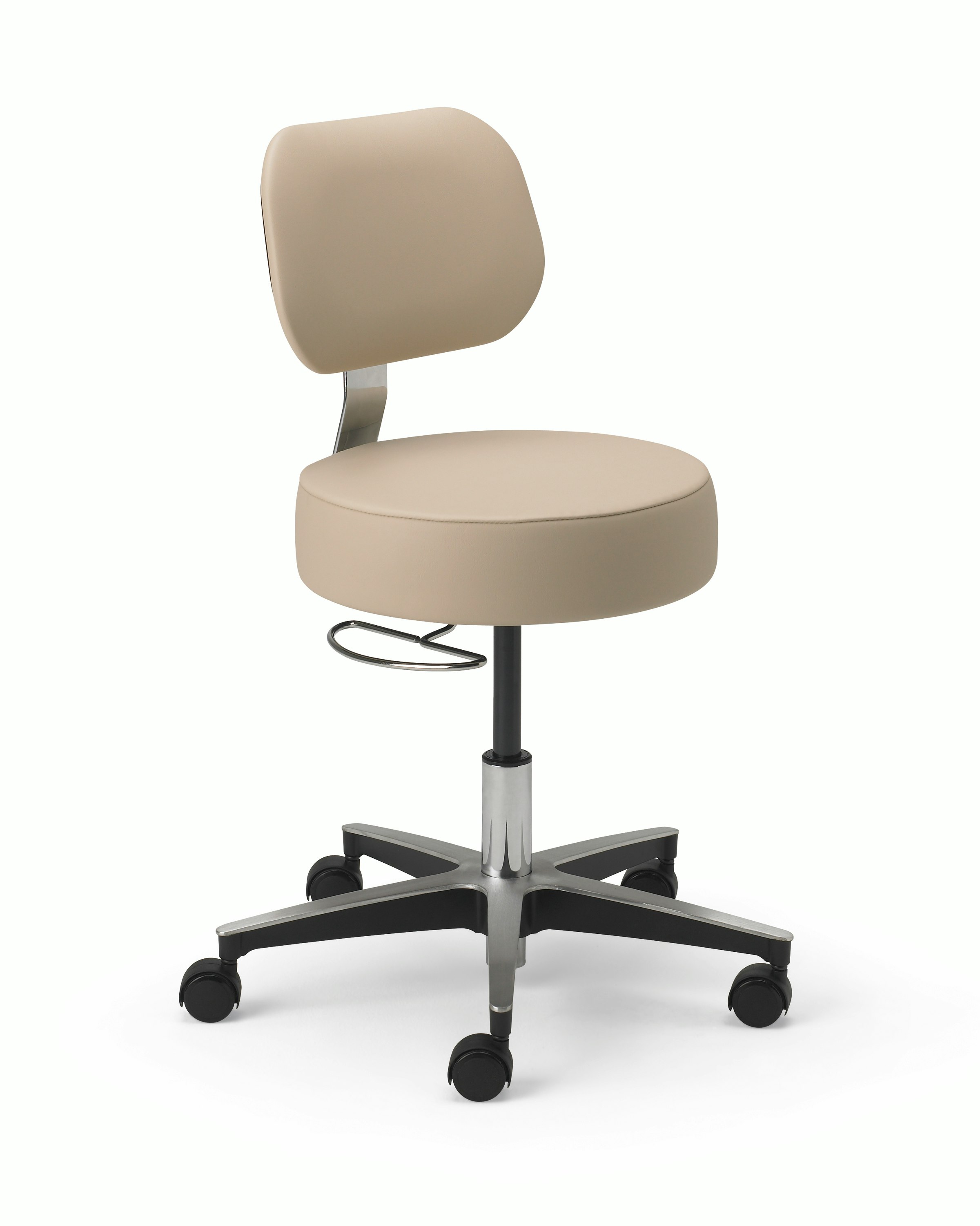 Lab Stool in a beige upholstered seat and back and a chrome base with D-ring adjustment, and a 5-star base with casters.