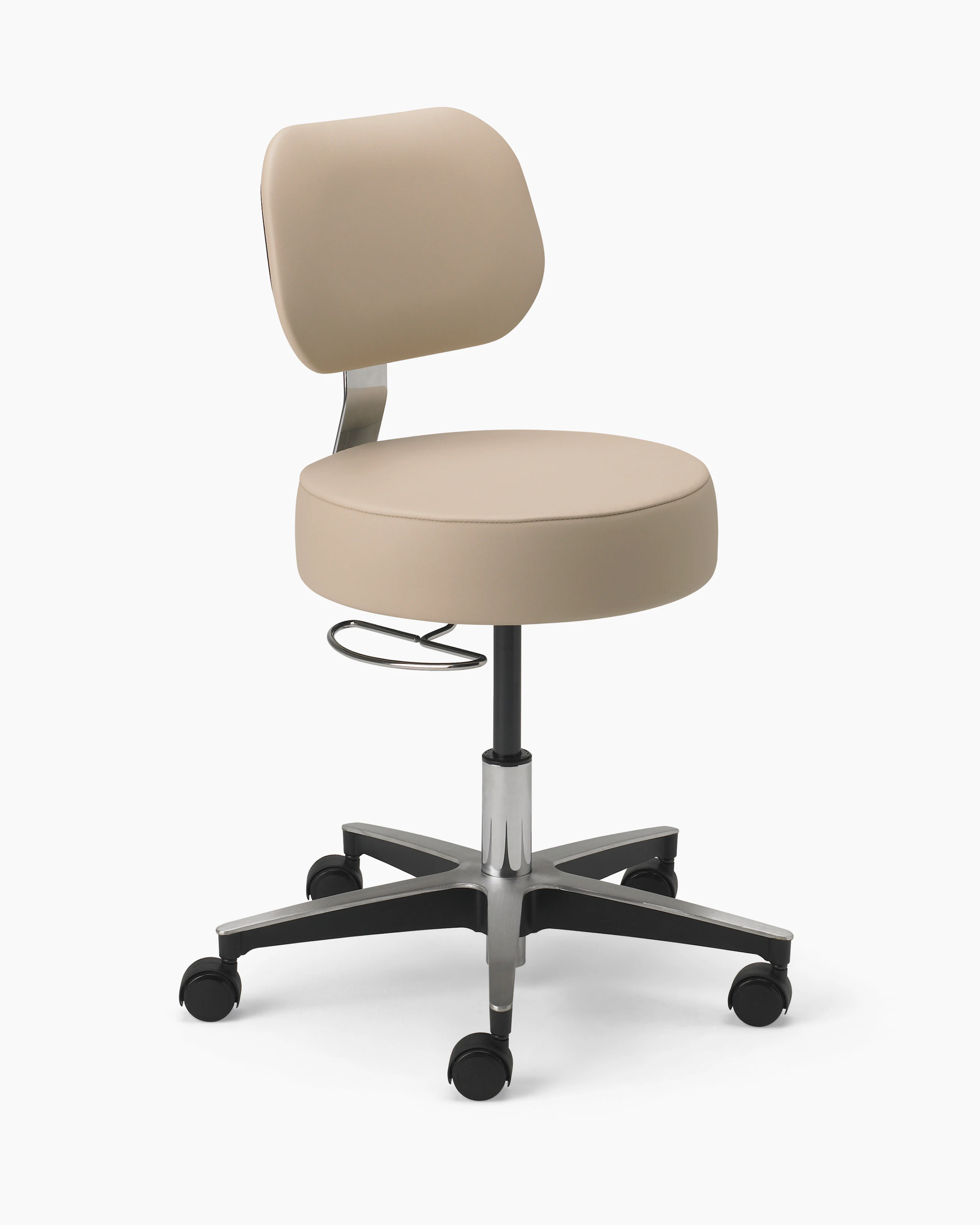 Lab Stool in a beige upholstered seat and back and a chrome base with D-ring adjustment, and a 5-star base with casters.