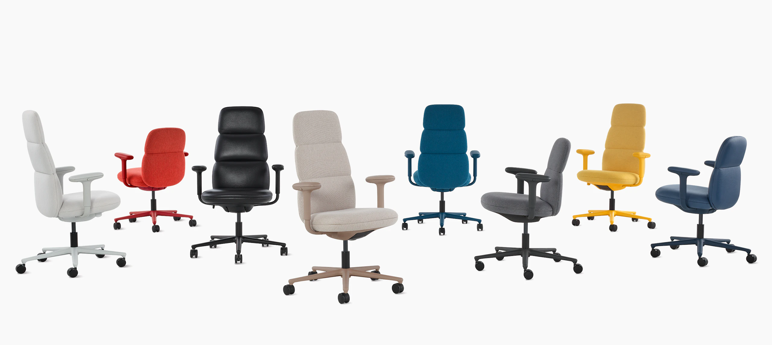 A group of eight Asari chairs by Herman Miller with height adjustable arms in all available color flood options. There are five high-back chairs and three mid-back chairs.