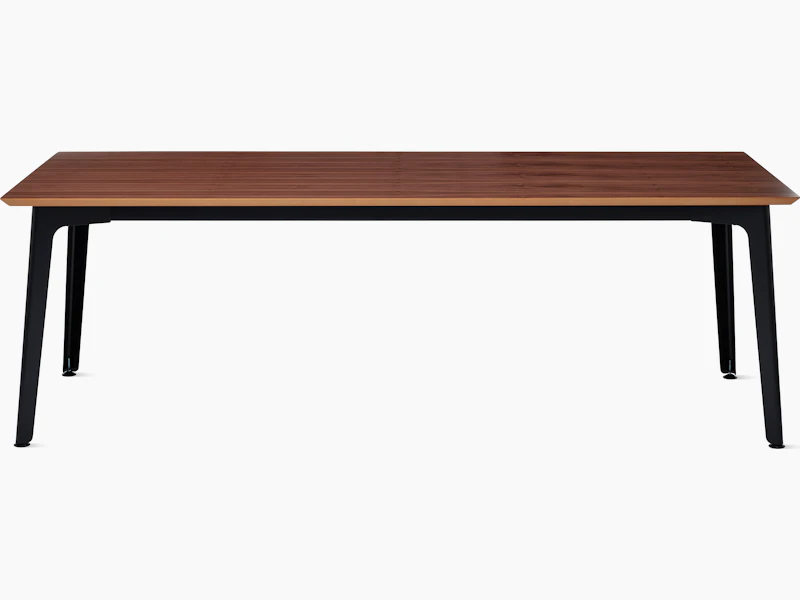 Fold conference table with black steel base and walnut veneer top.