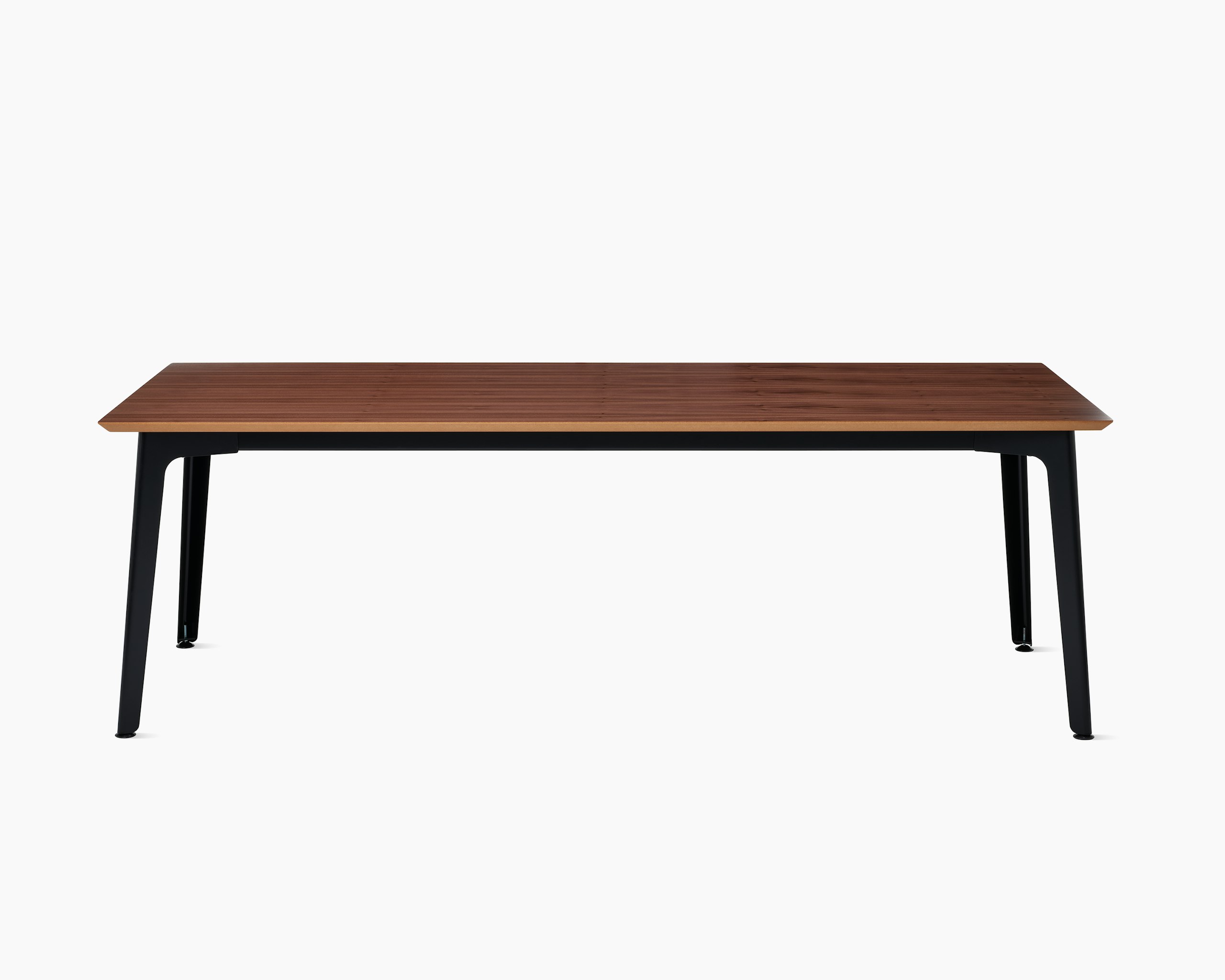 Fold conference table with black steel base and walnut veneer top.