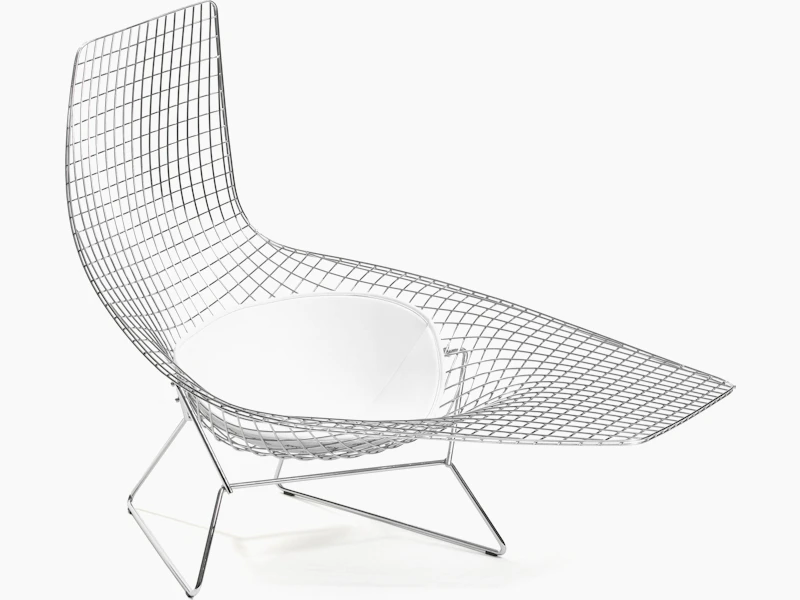 Bertoia, Asymmetric, Chaise, wire, frame, and, white, leather, seat, pad