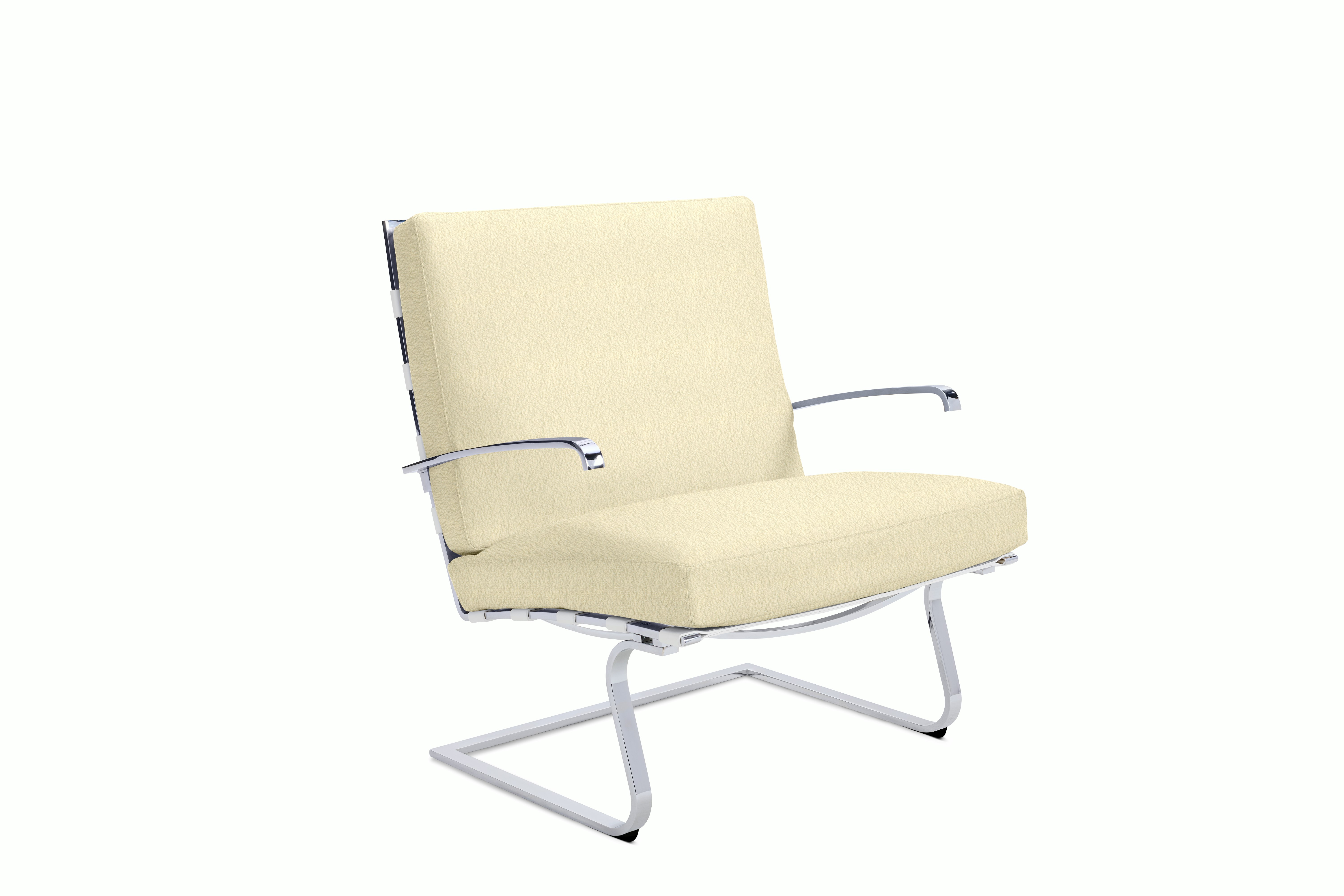 Tugendhat Chair in Classic Boucle,  Pearl with belting in Belting Leather,  White and chrome frame