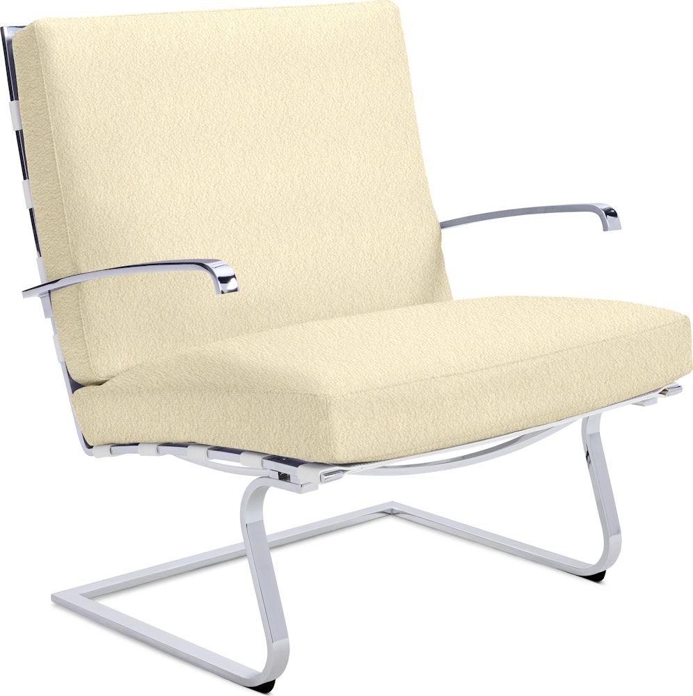 Tugendhat Chair in Classic Boucle,  Pearl with belting in Belting Leather,  White and chrome frame