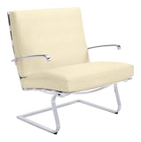Tugendhat Chair in Classic Boucle,  Pearl with belting in Belting Leather,  White and chrome frame Tugendhat Chair in Classic Boucle,  Pearl with belting in Belting Leather,  White and chrome frame