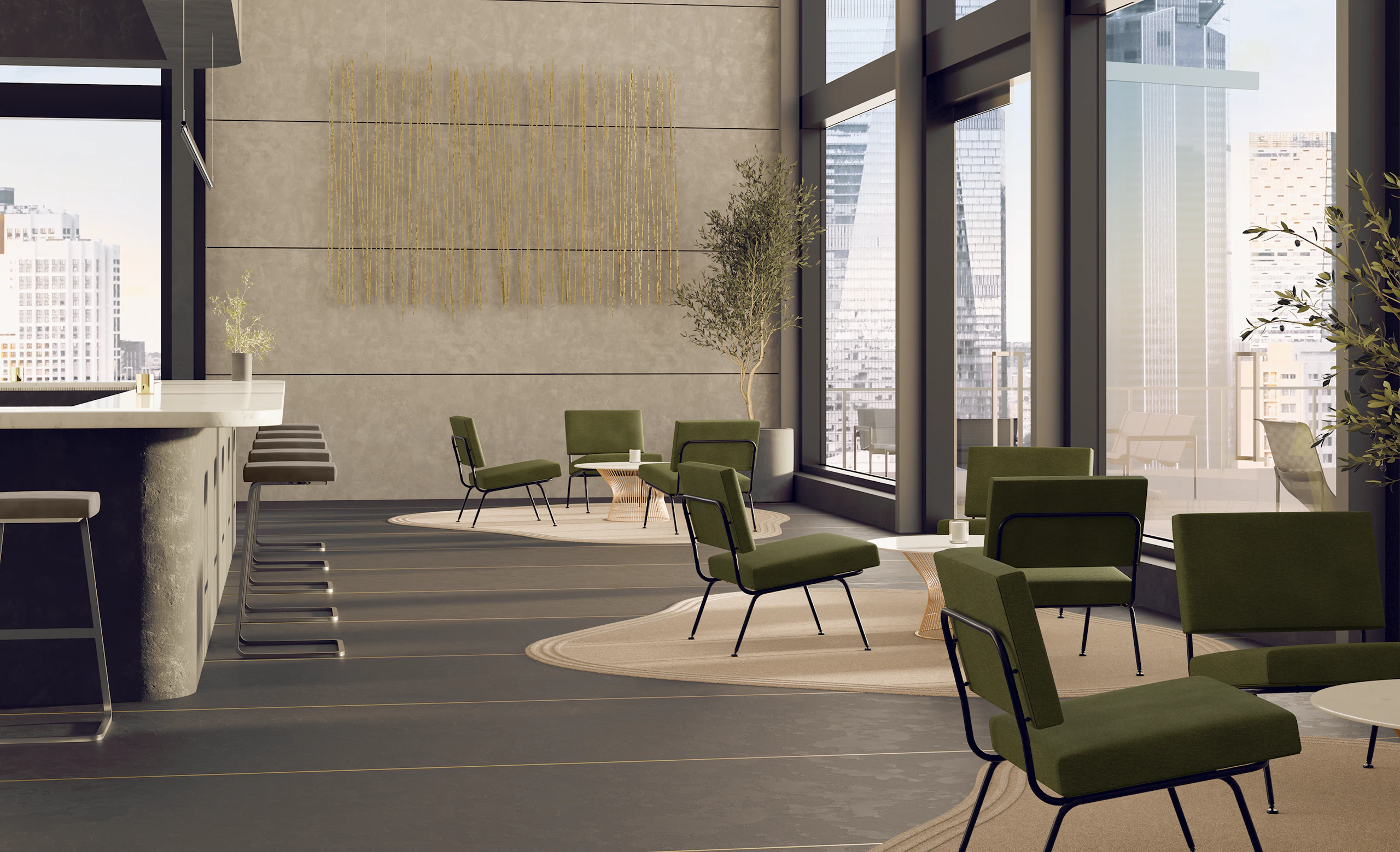 A bright bar and hospitality space with Florence Knoll Model 31 around Knoll Platner Coffee Tables.