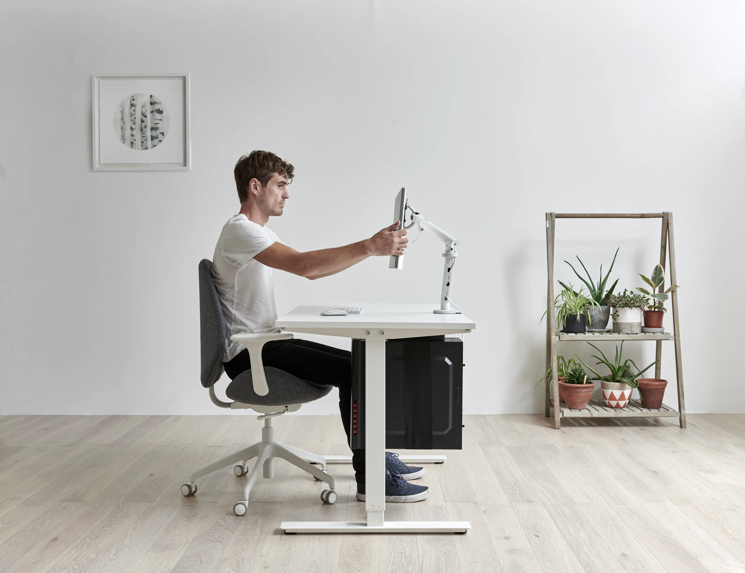 A person sitting at a height-adjustable white desk moves his monitor on a monitor arm. A shelf with plants sits in the background.