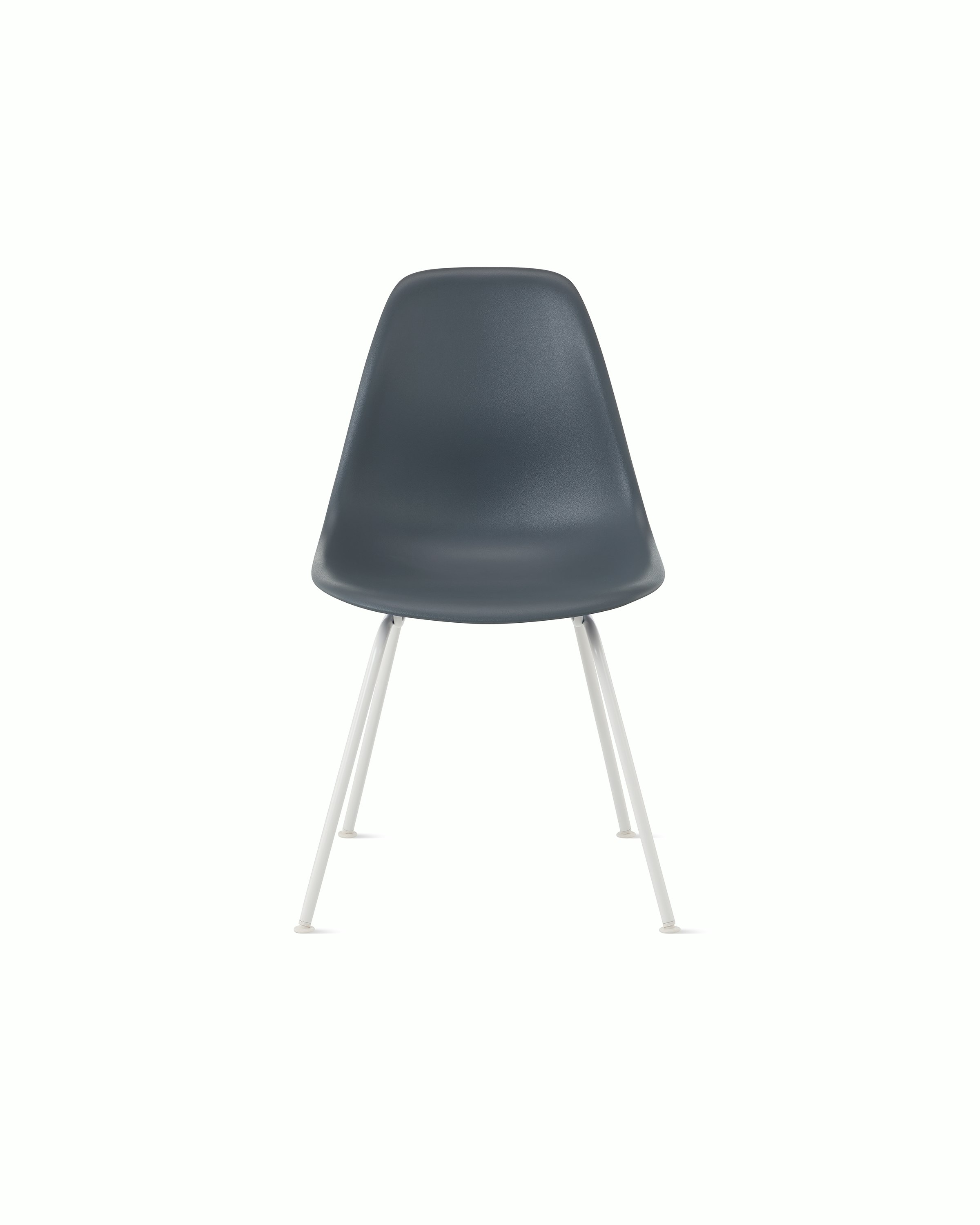 Front of medium grey plastic shell chair on 4-leg base.