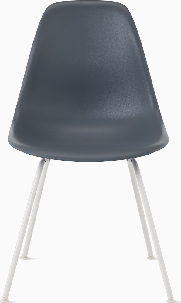 Front of medium grey plastic shell chair on 4-leg base.
