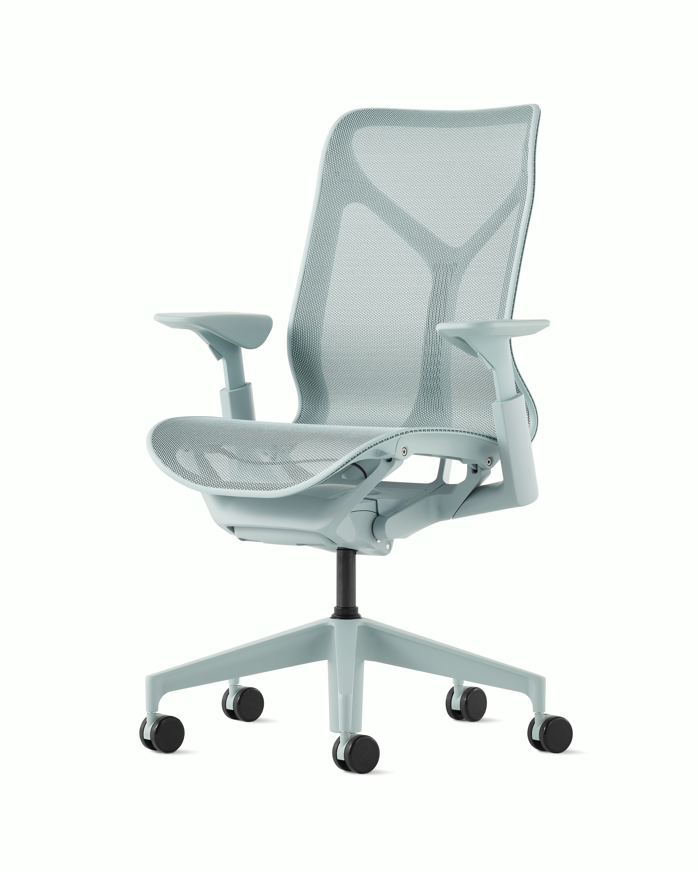 A glacier mid-back Cosm Chair with height adjustable arms.