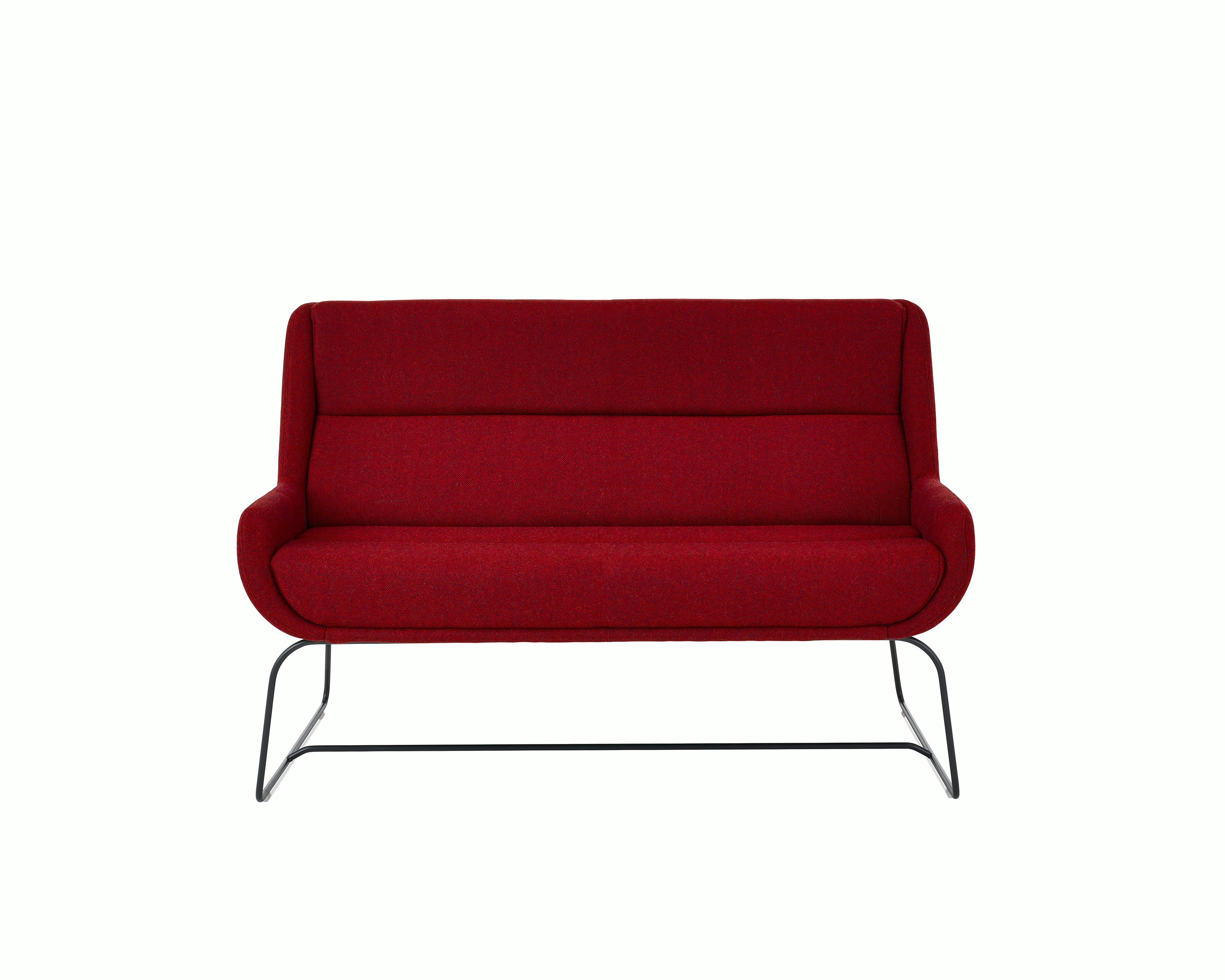 White background shot of Hush Sofa with red fabric and black sled base.