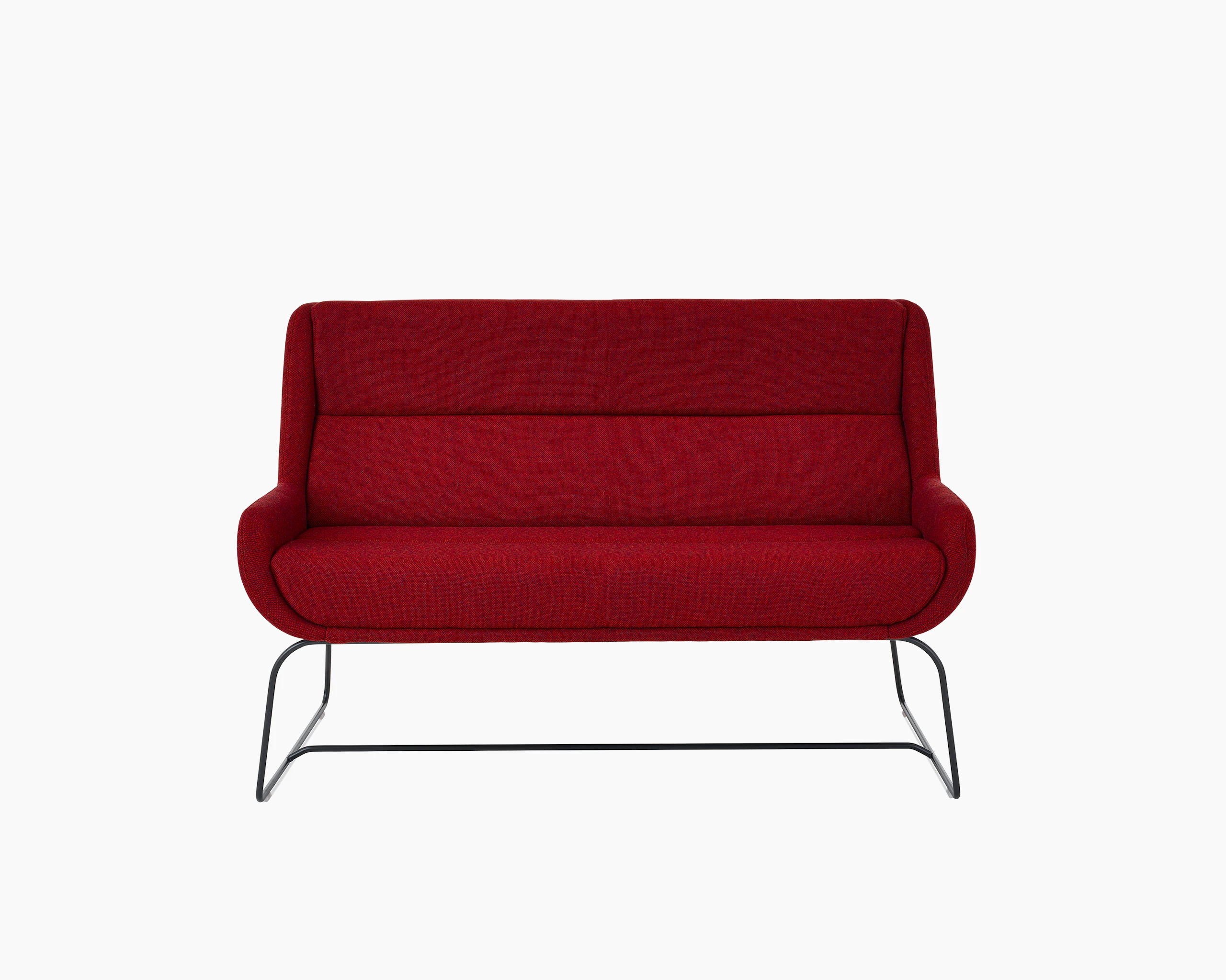 White background shot of Hush Sofa with red fabric and black sled base.