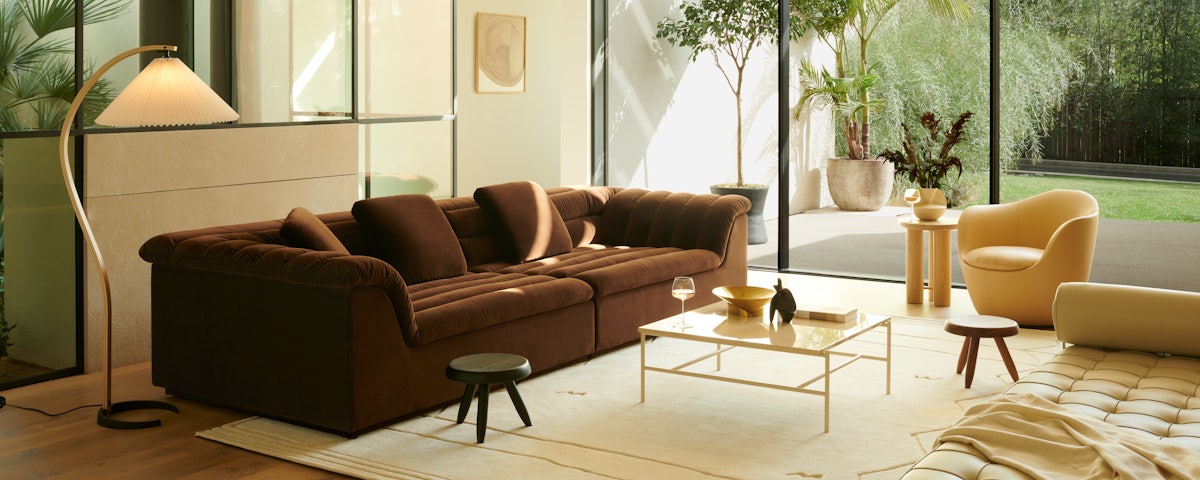 Trace Sheared Rug, Float Sofa, Timberline Lamp and Rebar Coffee Table in living room setting