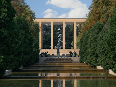 The Carl Milles "Orpheus" fountain with the Cranbrook Museum of Art behind. Cranbrook has significant meaning for the MillerKnoll, as several key designers who helped establish the design ethos for our foundational brands met there in the 1940s.